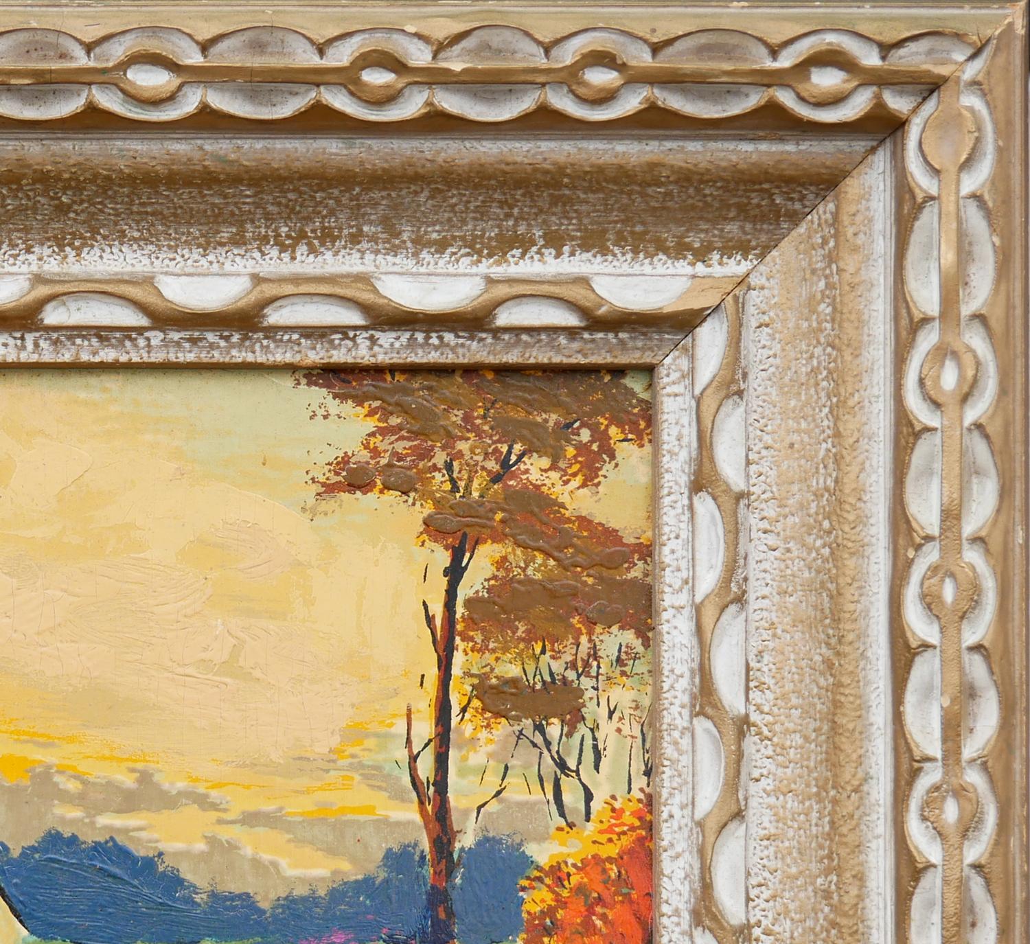 Gelbe, blaue und orangefarbene abstrakte impressionistische Landschaft des Künstlers Gand. Das Gemälde stellt eine französische Landschaft mit einem eingezäunten Haus dar. Signiert vom Künstler unten rechts. Gerahmt in einem schönen