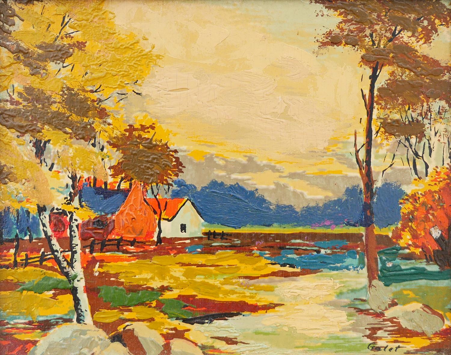 Französisches Landschaftsgemälde des 20. Jahrhunderts in Orange, Gelb, Blau und Grün 3