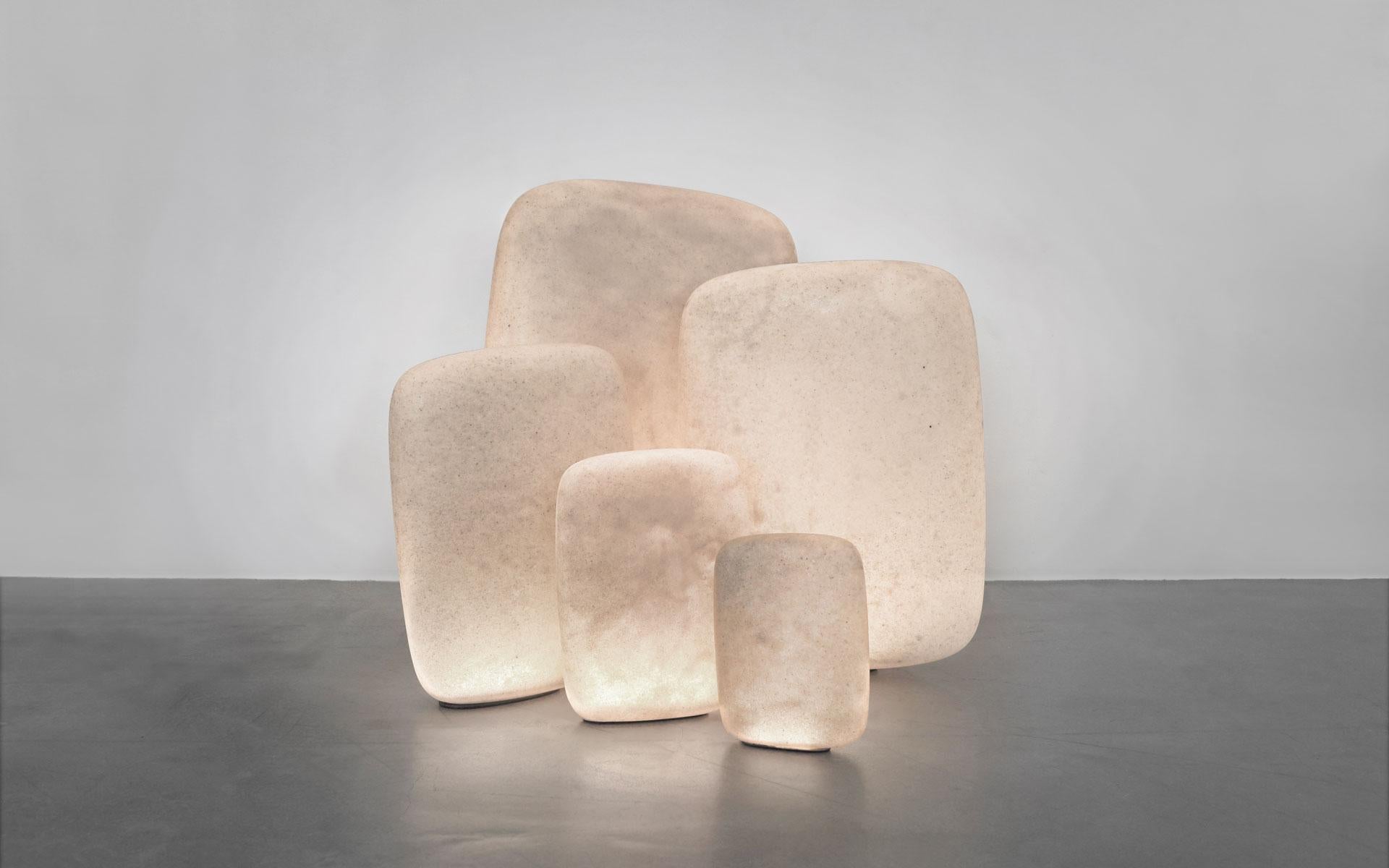 Galet is a set of 5 lamps composing a light sculpture. Organic shapes that found their balance point, these light rocks are meticulously designed.

The Galet lamps are crafted with a unique roto-molding combined with layering technique developed