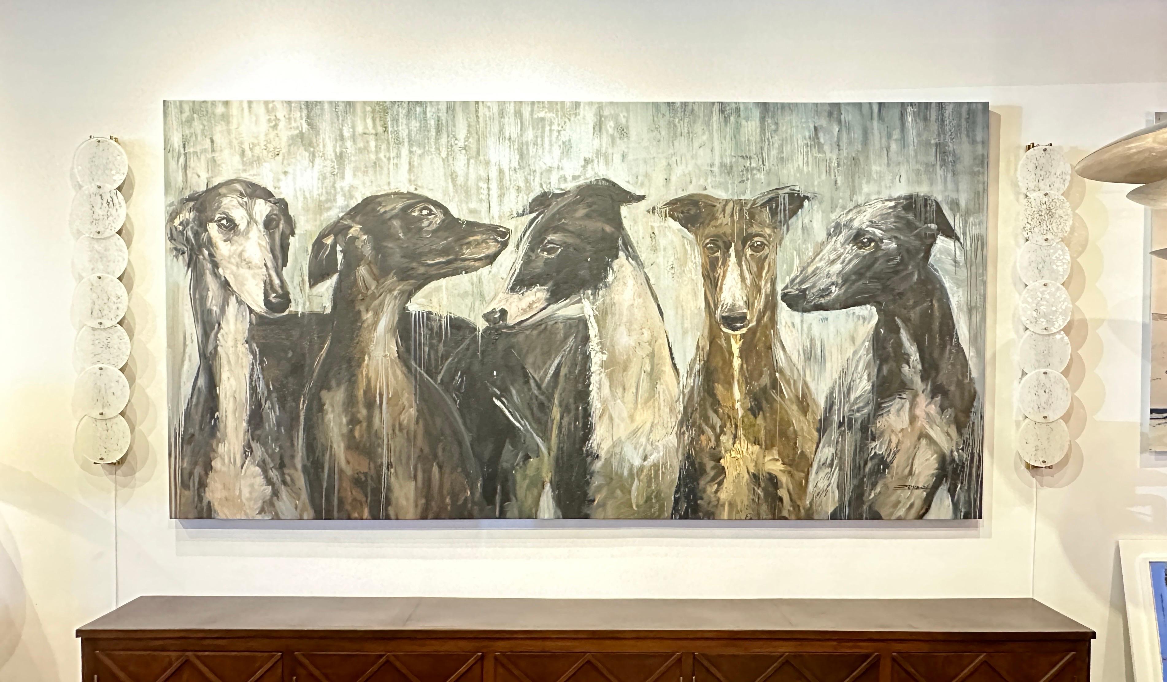 Postmoderne Galgos / Greyhounds Impressionnante peinture de 10 pieds de long par Eric Alfaro en vente