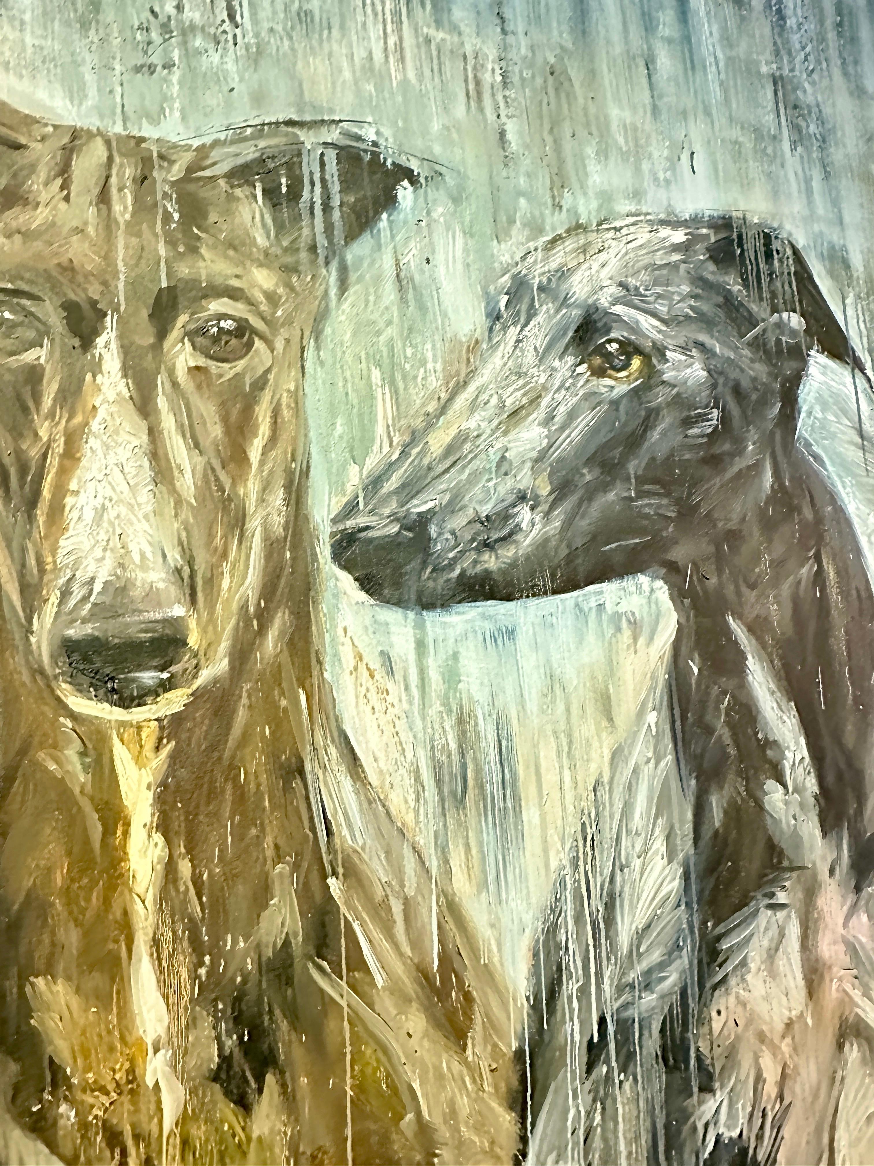 American Galgos / Greyhounds Impressive 10 Foot Long Painting by Eric Alfaro For Sale