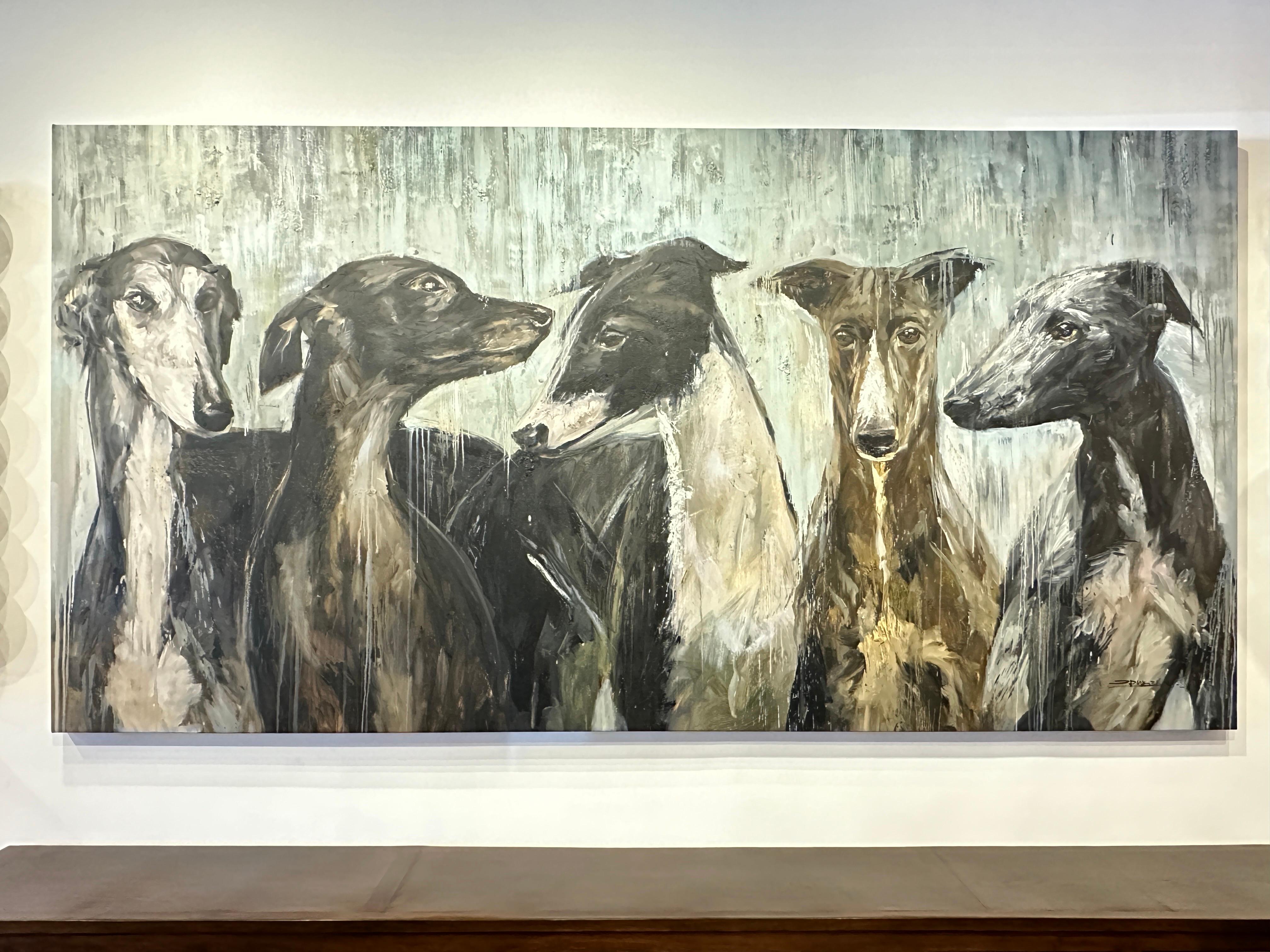 Contemporary Galgos / Greyhounds Impressive 10 Foot Long Painting by Eric Alfaro For Sale