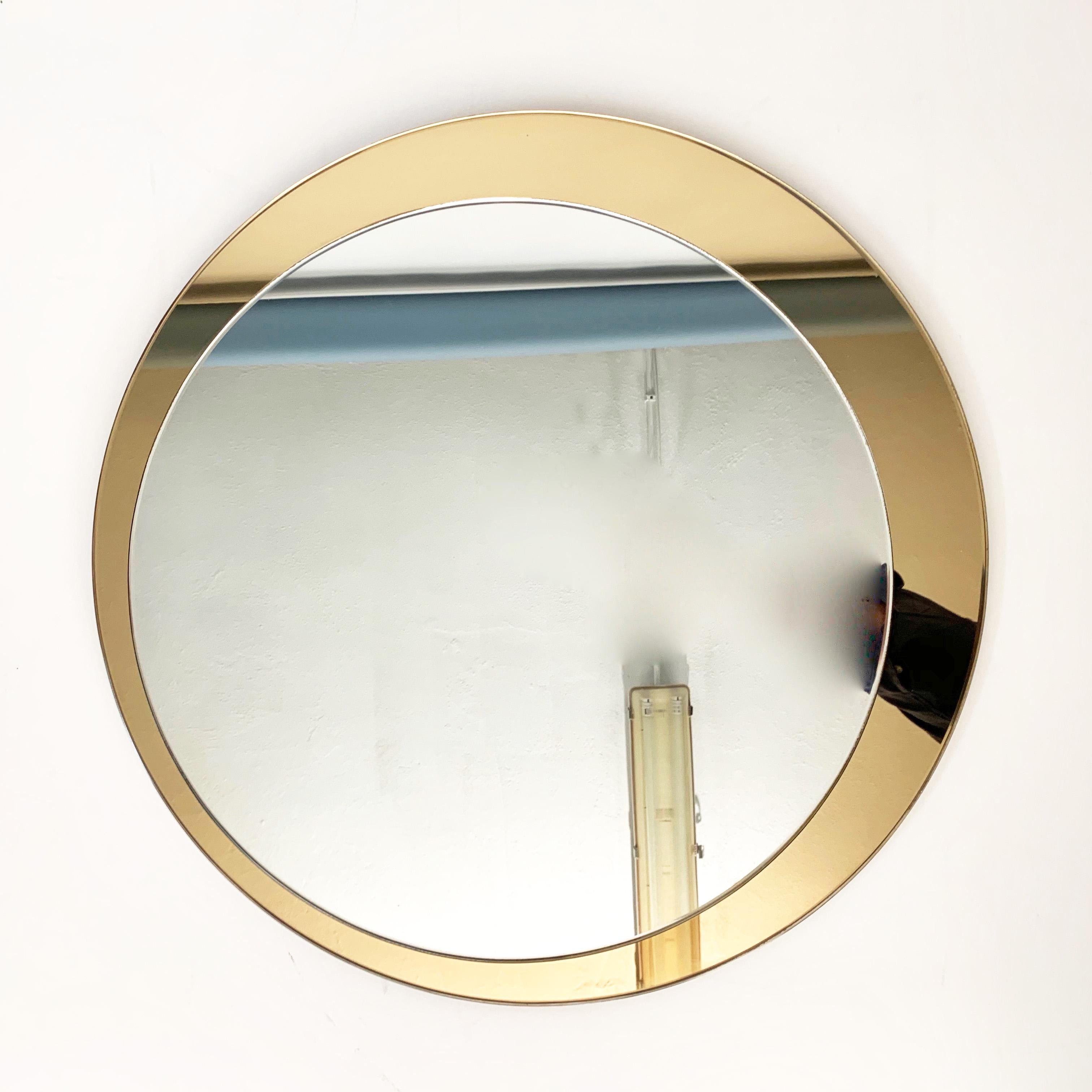 Bronzed Galimberti Midcentury Italian Round Mirror with Double Brassed Gold Frame, 1975 For Sale
