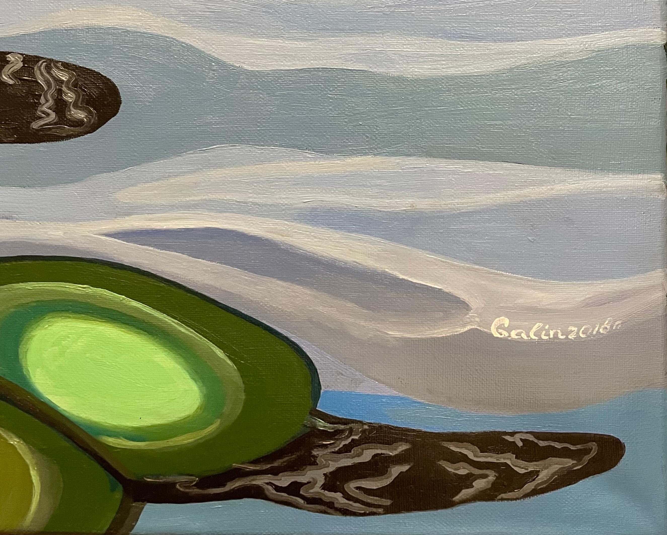 Un rêve dans une peinture abstraite, réalisée en bleu, vert, marron et noir - Noir Landscape Painting par Galin R