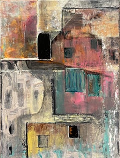 Windows (House)-abstract painting, made in pink, turquoise, white, black color