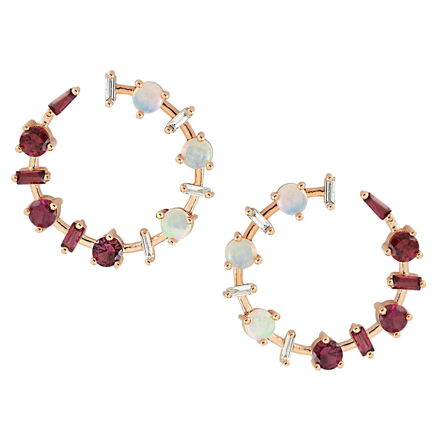 Galina Earrings with White Opal & Rhodolite & White Diamond For Sale