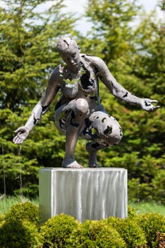 Immigrant V3 - female, figurative, bronze, stainless steel outdoor sculpture