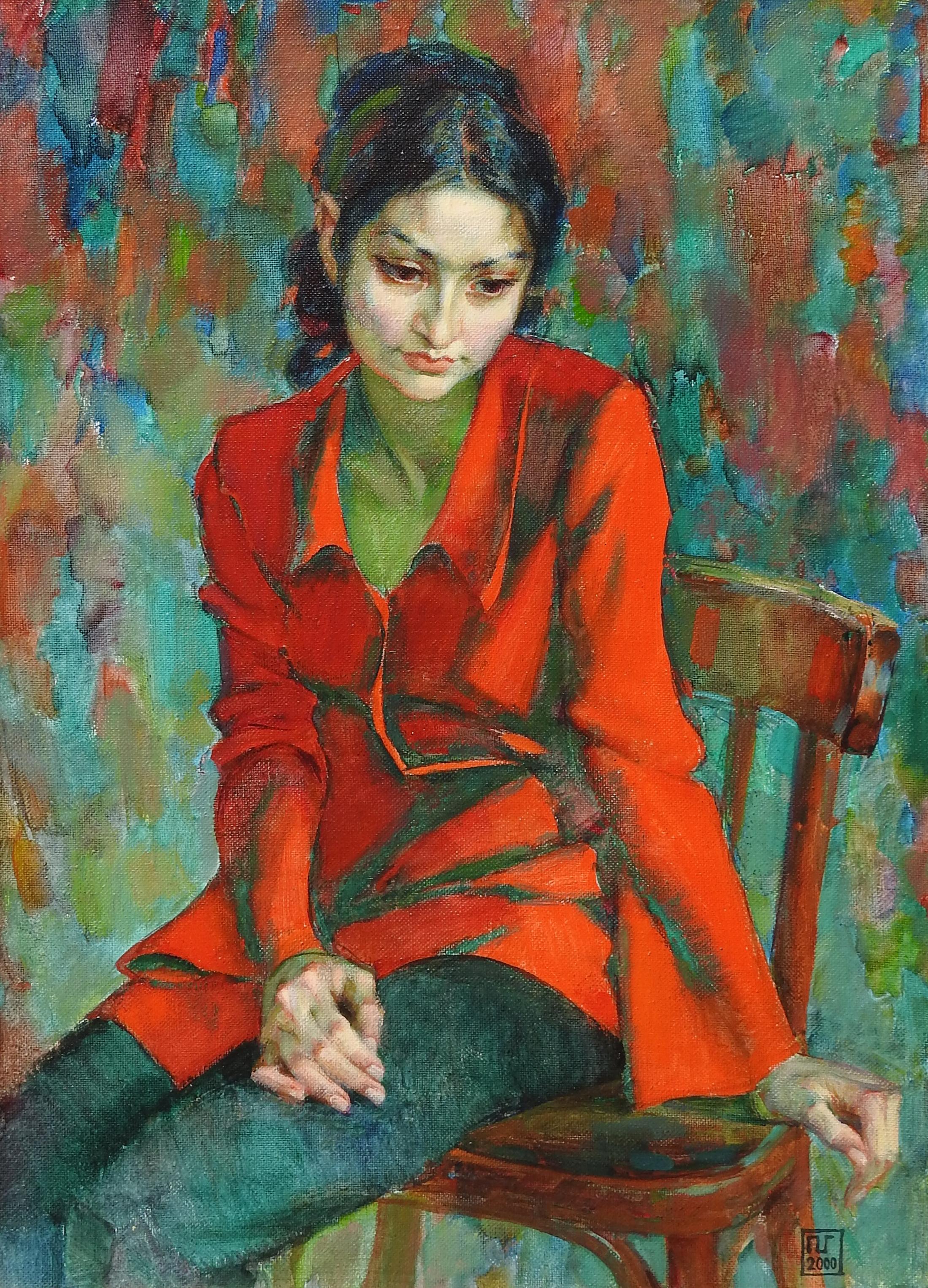 „Mädchen in roter Jacke“, Galina Pshenitsina, Nachkriegszeit, figurativ, 32x23 Zoll, Öl – Painting von Galina Vasilevna Pshenitsina