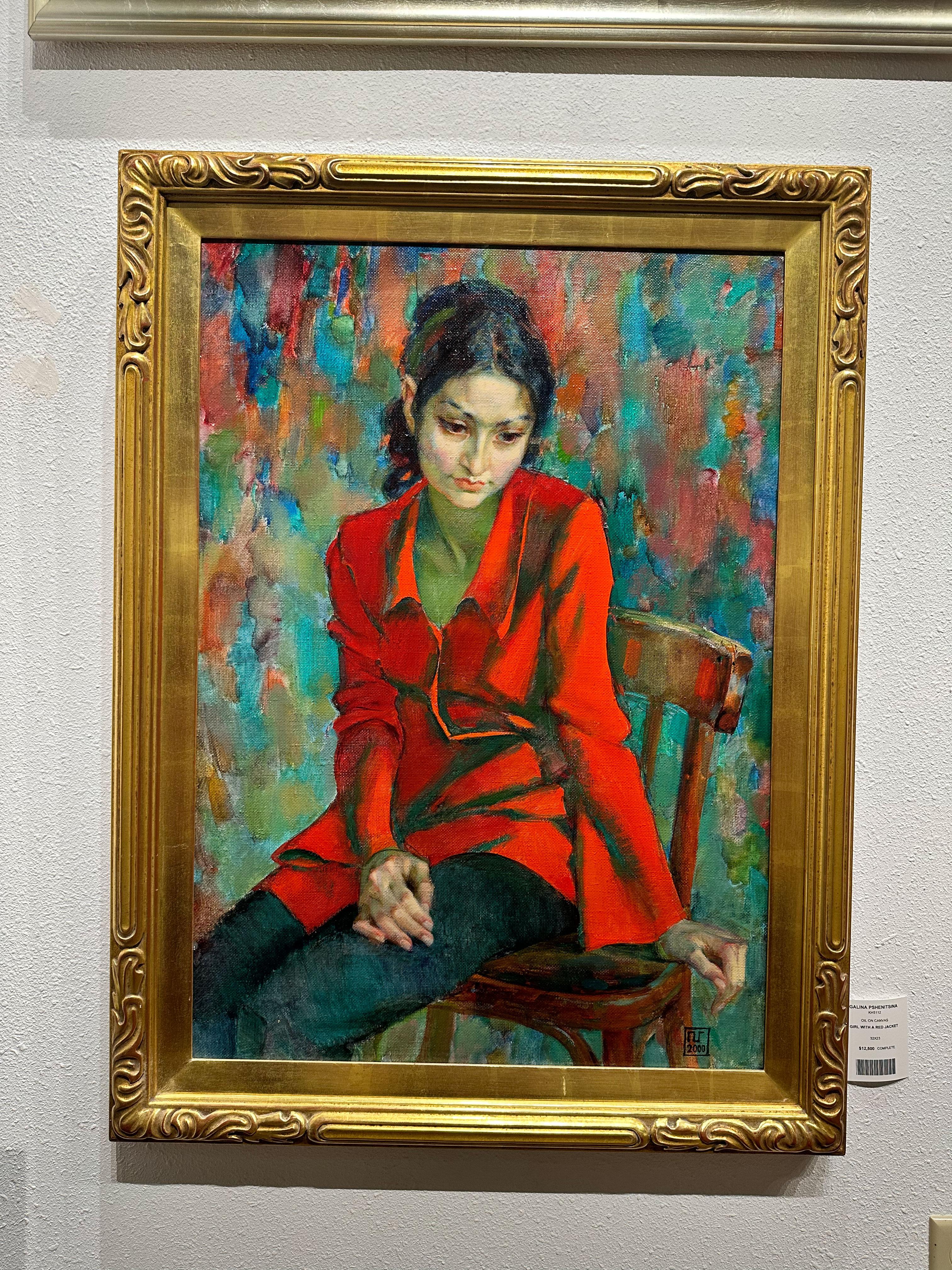 „Mädchen in roter Jacke“, Galina Pshenitsina, Nachkriegszeit, figurativ, 32x23 Zoll, Öl (Braun), Figurative Painting, von Galina Vasilevna Pshenitsina