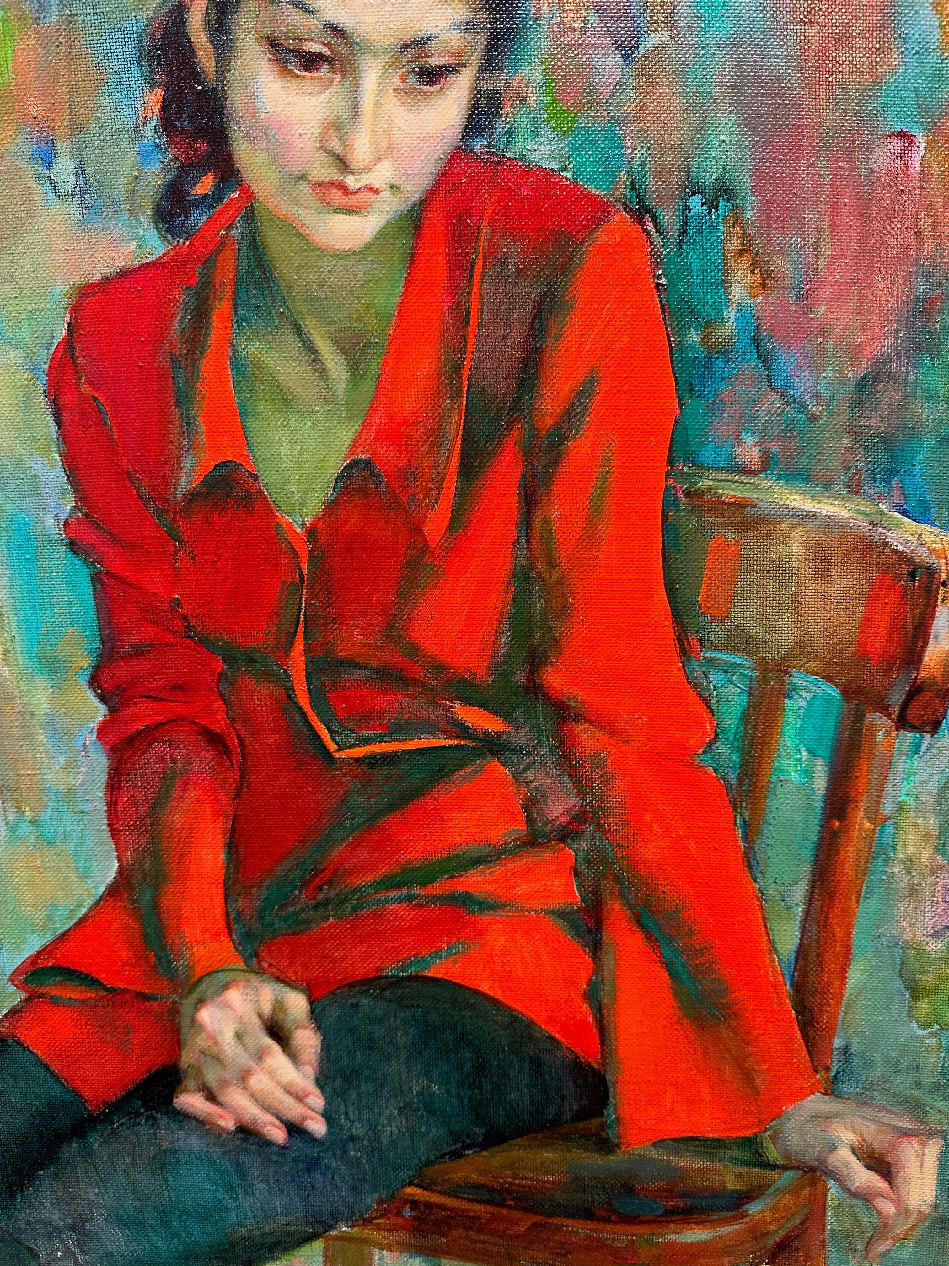„Mädchen in roter Jacke“, Galina Pshenitsina, Nachkriegszeit, figurativ, 32x23 Zoll, Öl im Angebot 1