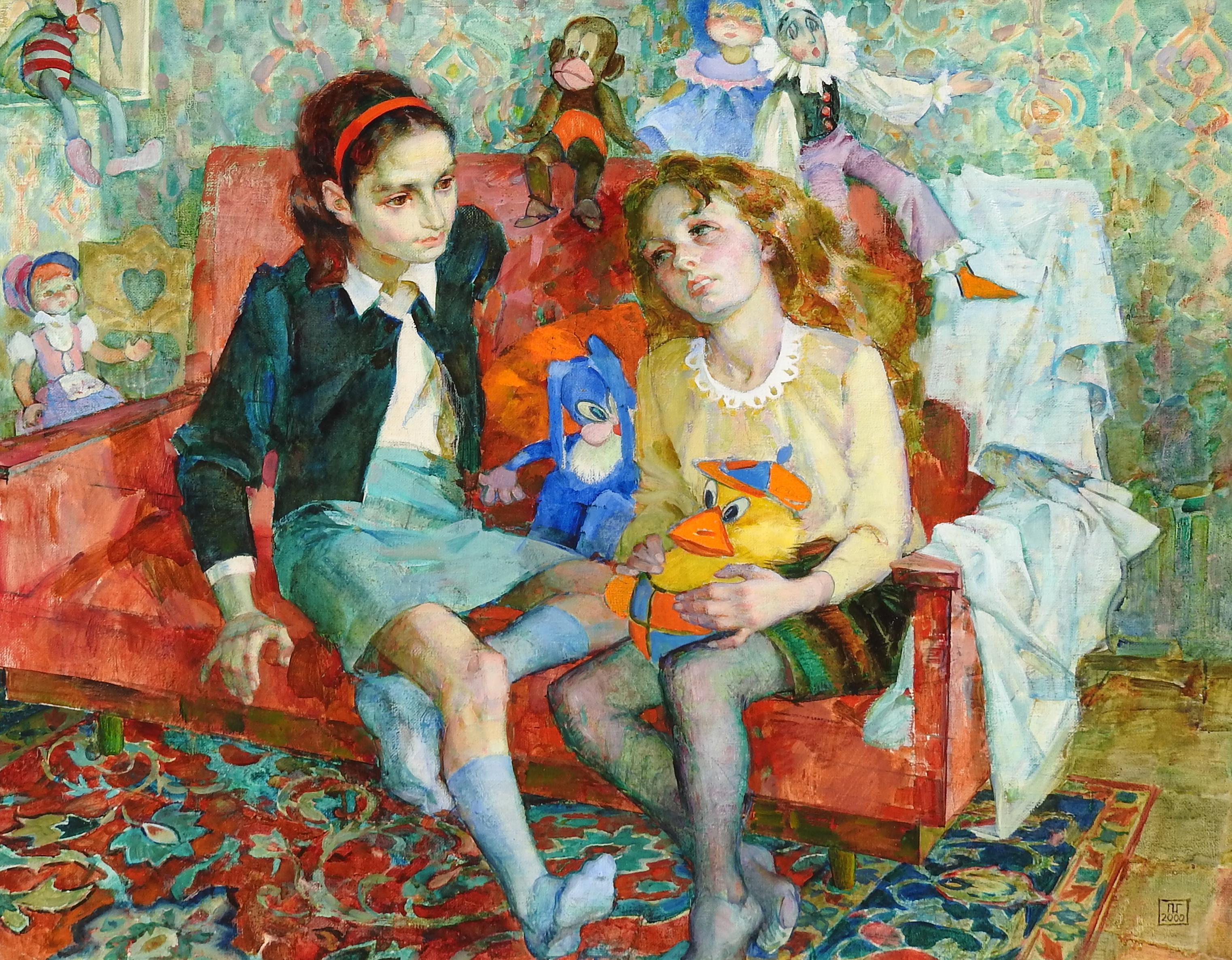 « Making Firends », Galina Pshenitsina, d'après-guerre, figuratif, huile/toile, 37 x 44 pouces. - Painting de Galina Vasilevna Pshenitsina