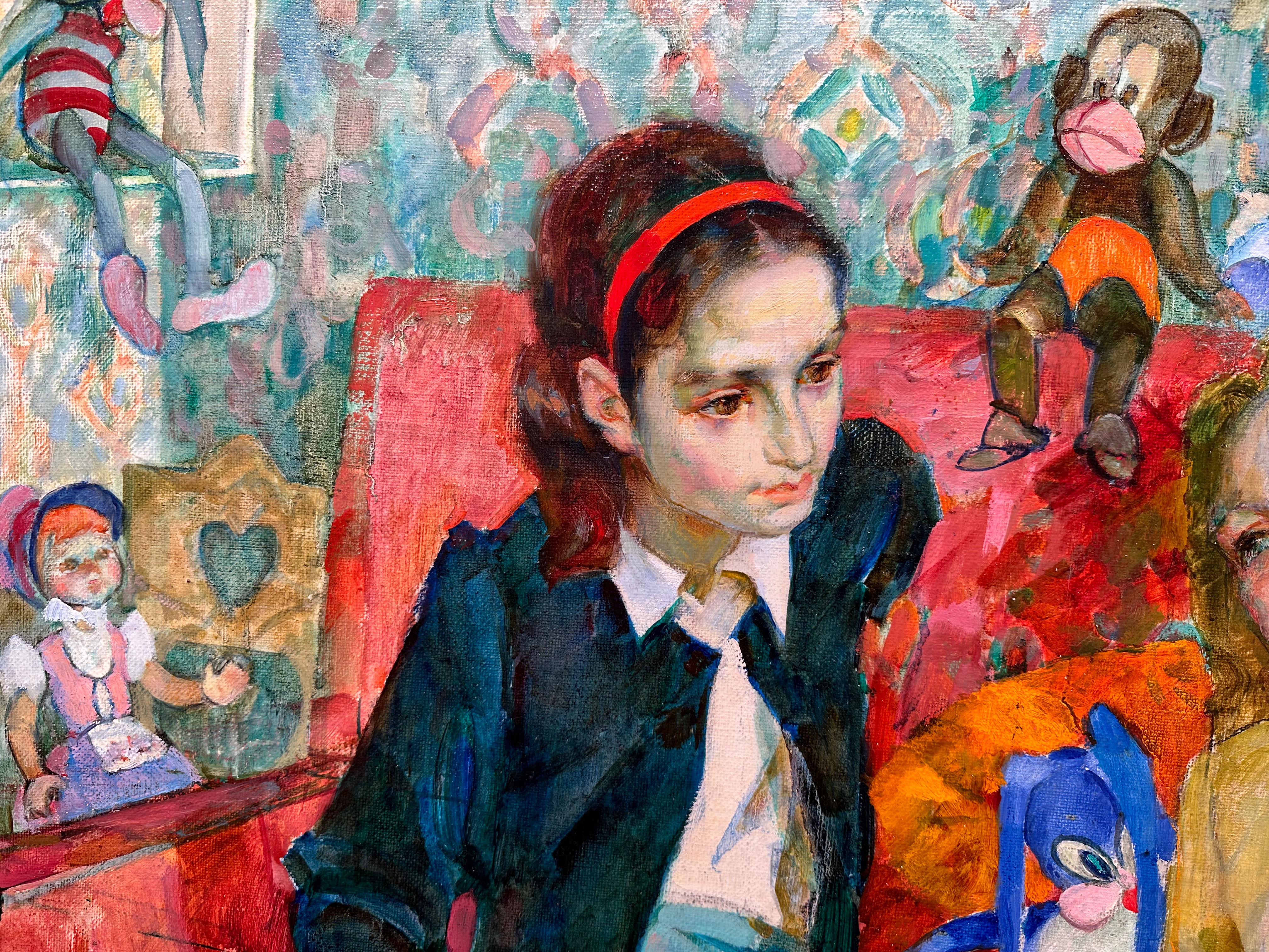 « Making Firends », Galina Pshenitsina, d'après-guerre, figuratif, huile/toile, 37 x 44 pouces. en vente 1
