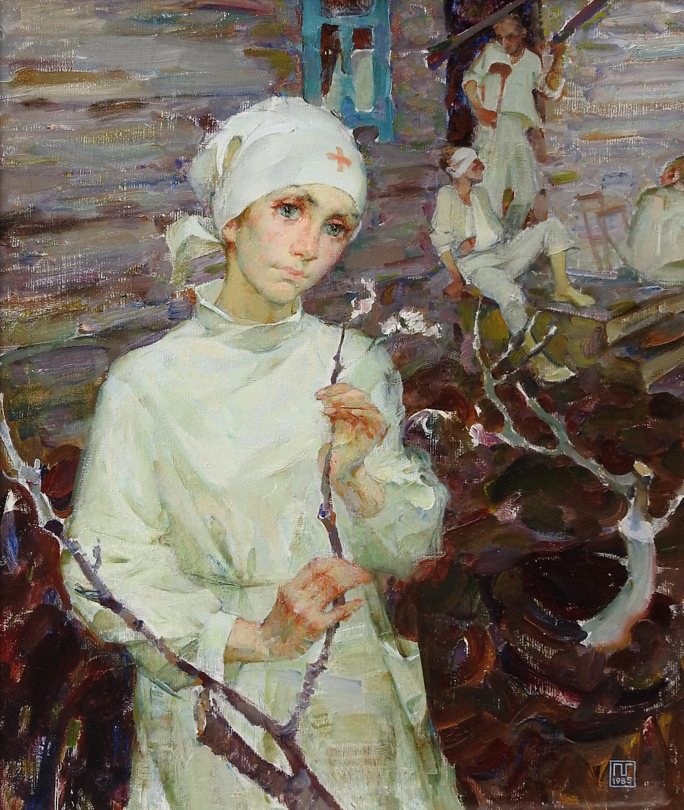 „Frühjahr 1945“, Galina Pshenitsina, Nachkriegszeit, figurativ, 38x31, Impressionist – Painting von Galina Vasilevna Pshenitsina