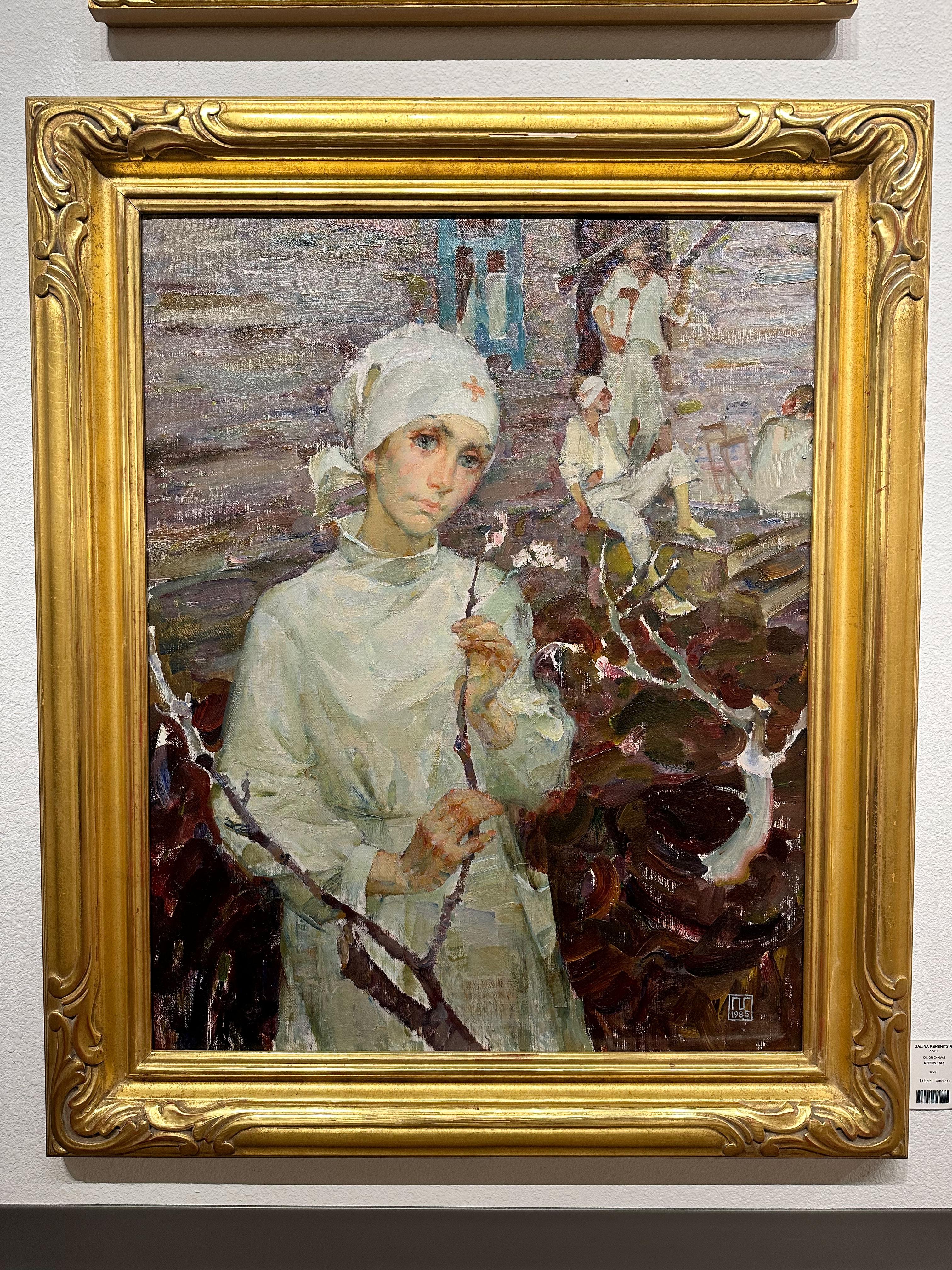 „Frühjahr 1945“, Galina Pshenitsina, Nachkriegszeit, figurativ, 38x31, Impressionist (Braun), Figurative Painting, von Galina Vasilevna Pshenitsina