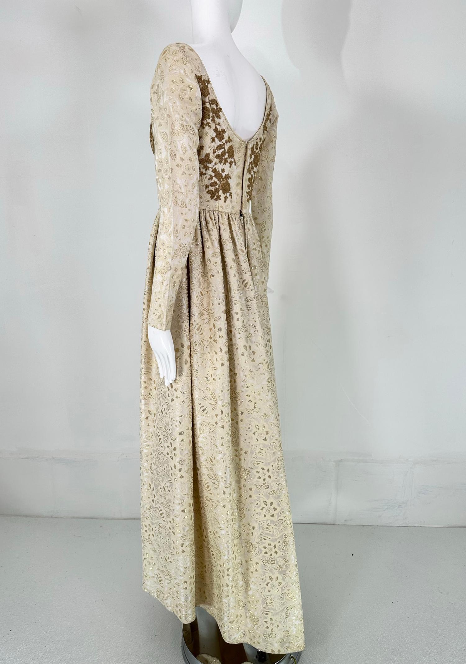 Galitizne Couture Renaissance Style Gown in Cream & Gold Metallic Brocade 1970s For Sale 6