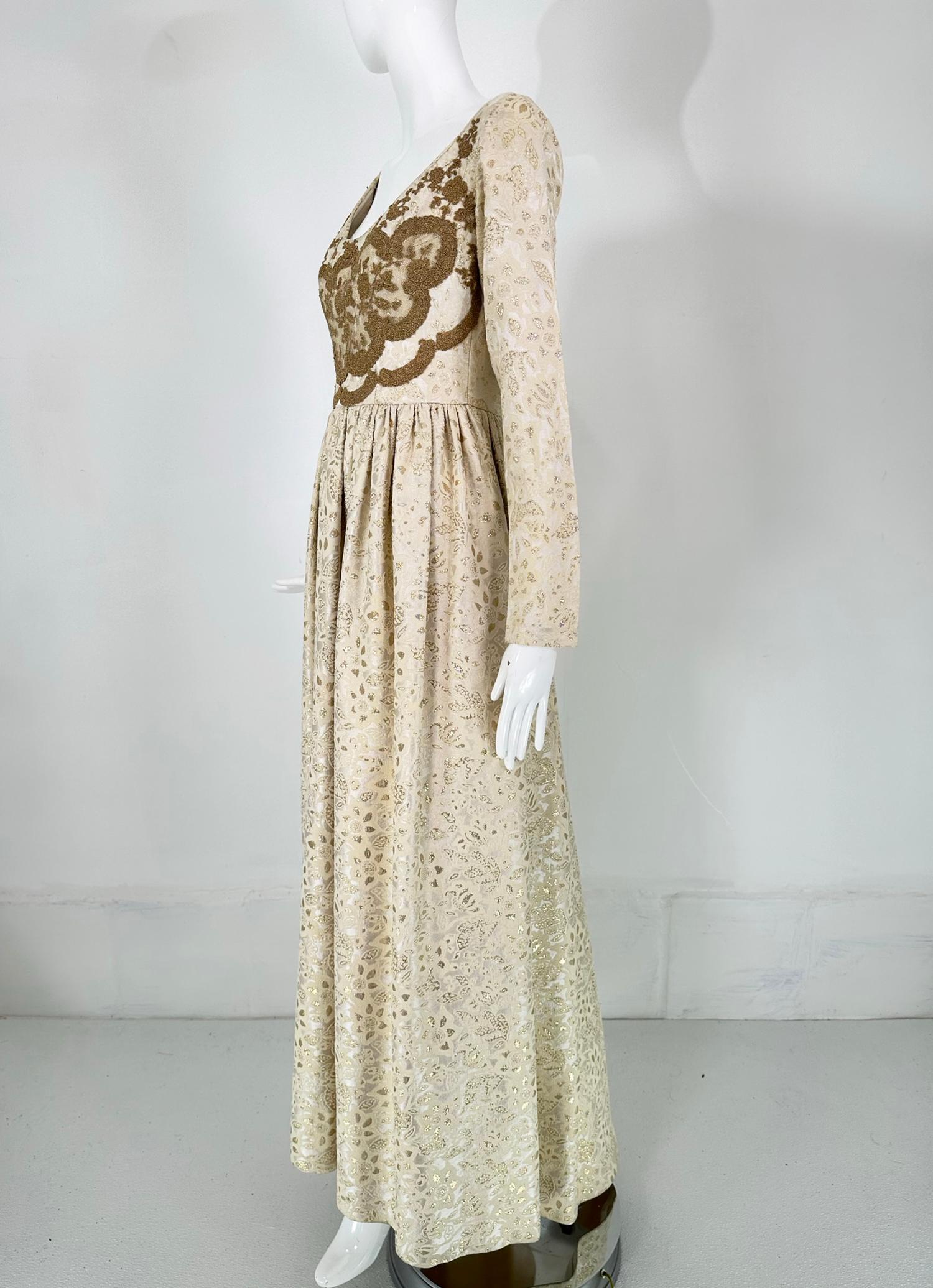 Galitizne Couture Renaissance Style Gown in Cream & Gold Metallic Brocade 1970s For Sale 7