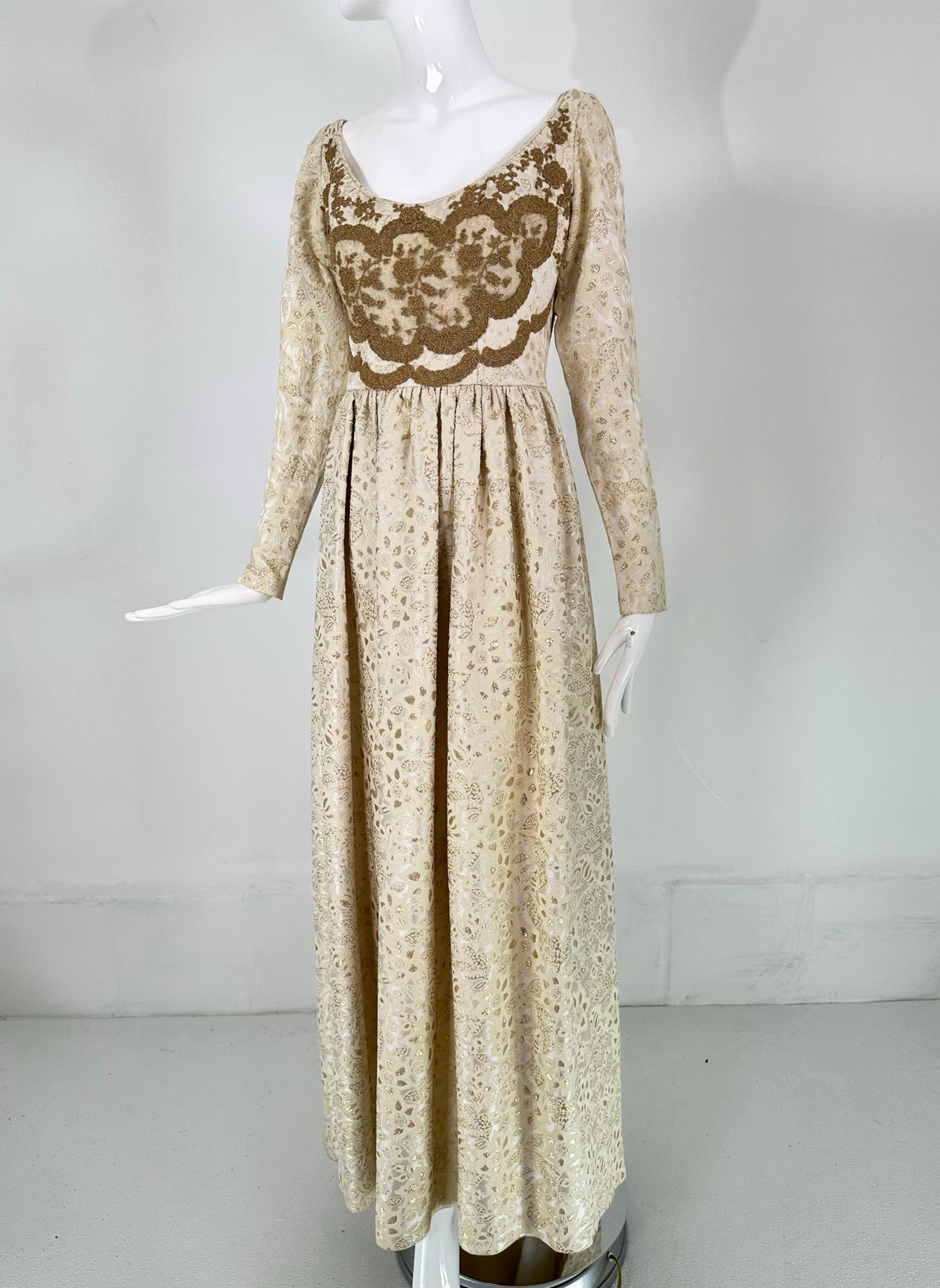 Galitizne Couture Renaissance Style Gown in Cream & Gold Metallic Brocade 1970s For Sale 8