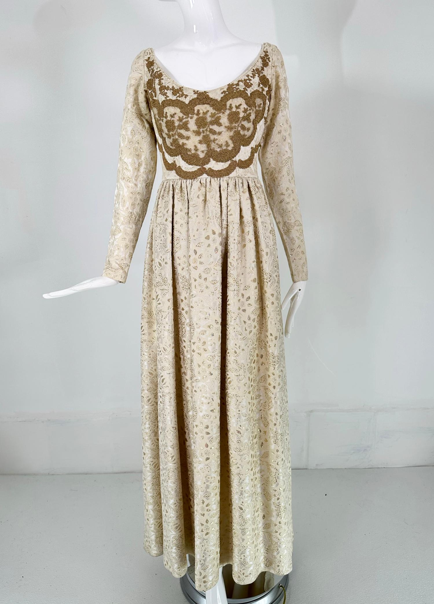 Galitizne Couture Renaissance Style Gown in Cream & Gold Metallic Brocade 1970s For Sale 9