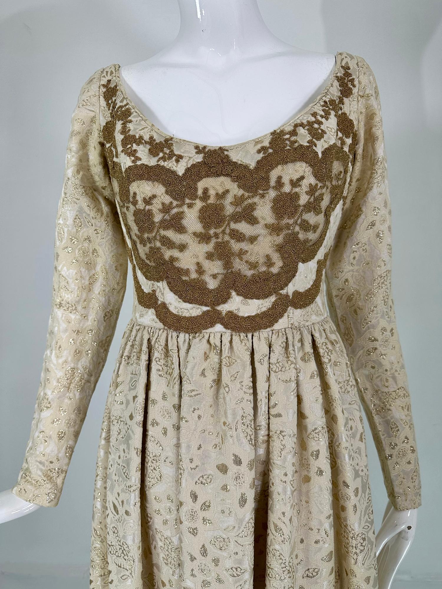 Galitizne Couture Renaissance Style Gown in Cream & Gold Metallic Brocade 1970s For Sale 10
