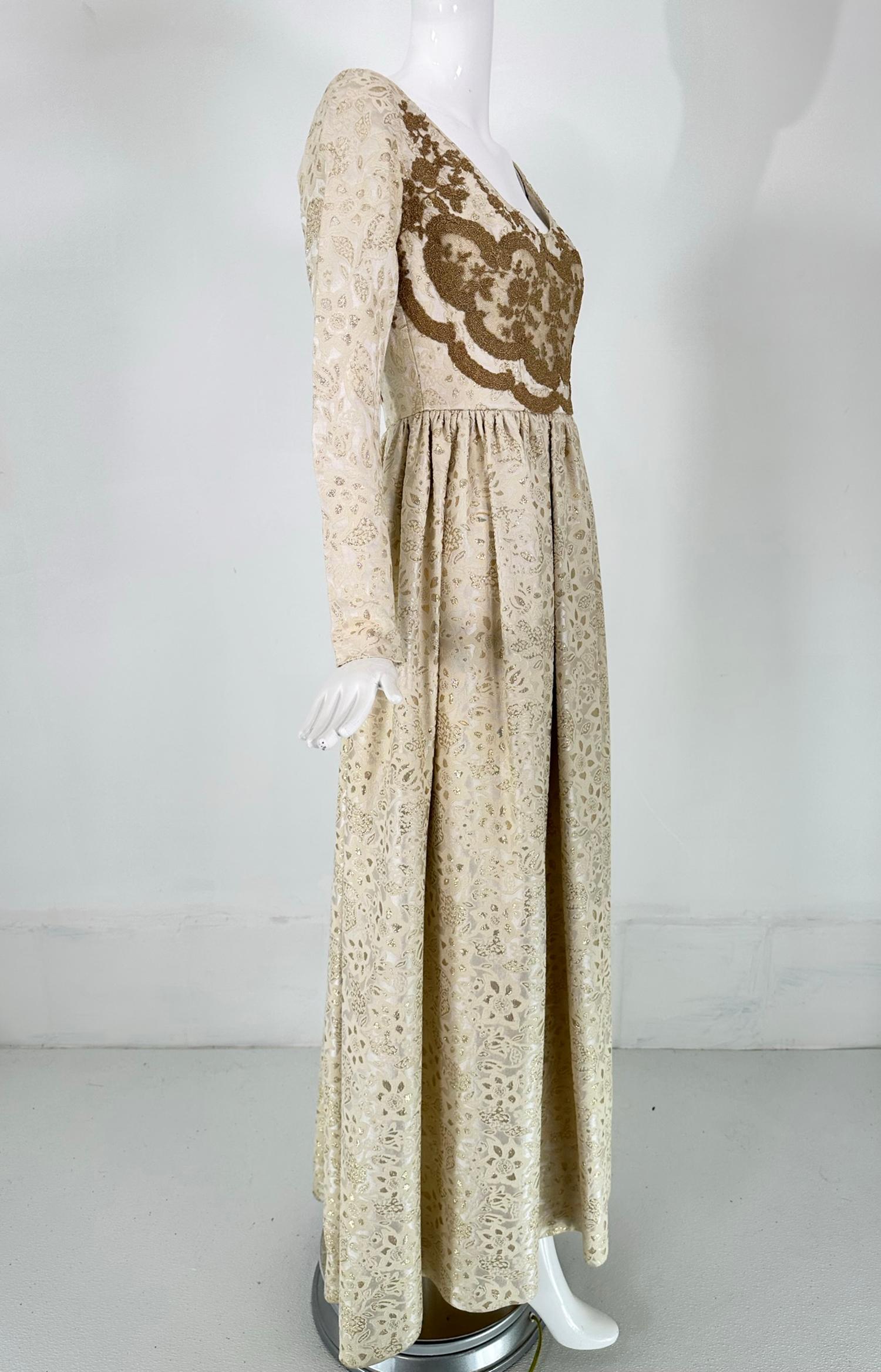 Galitizne Couture Renaissance Style Gown in Cream & Gold Metallic Brocade 1970s In Good Condition For Sale In West Palm Beach, FL