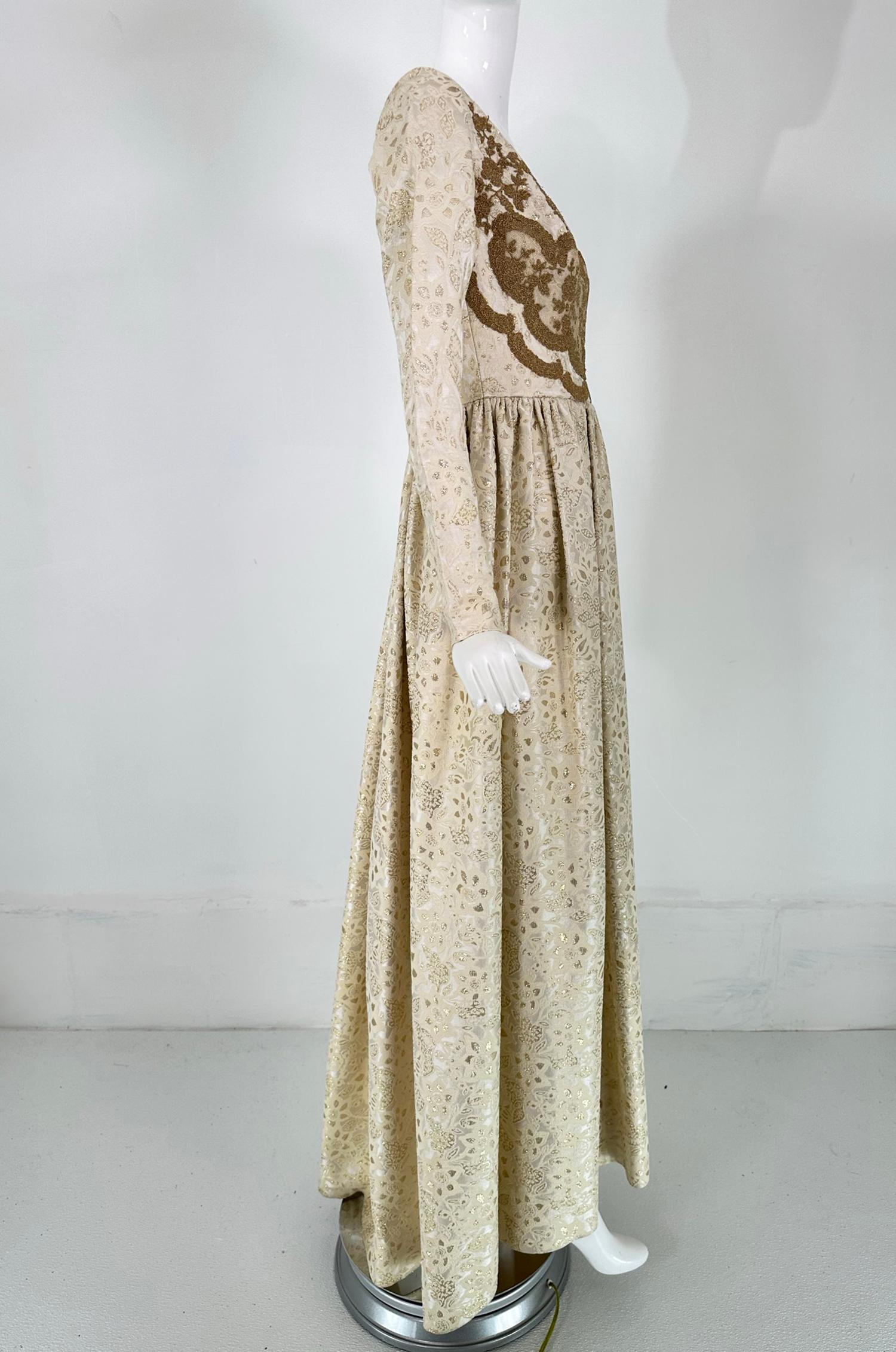 Women's Galitizne Couture Renaissance Style Gown in Cream & Gold Metallic Brocade 1970s For Sale