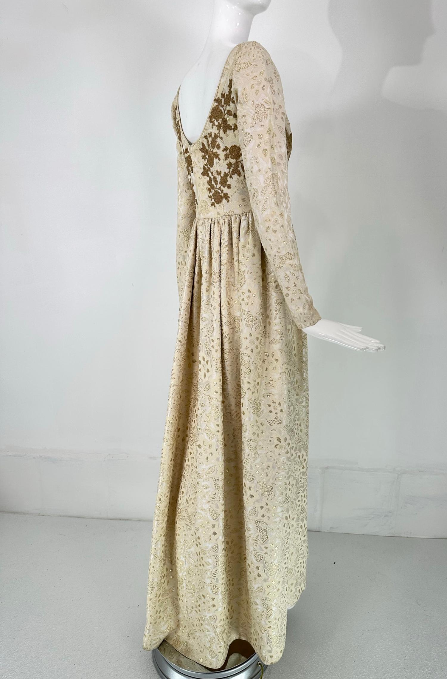 Galitizne Couture Renaissance Style Gown in Cream & Gold Metallic Brocade 1970s For Sale 1