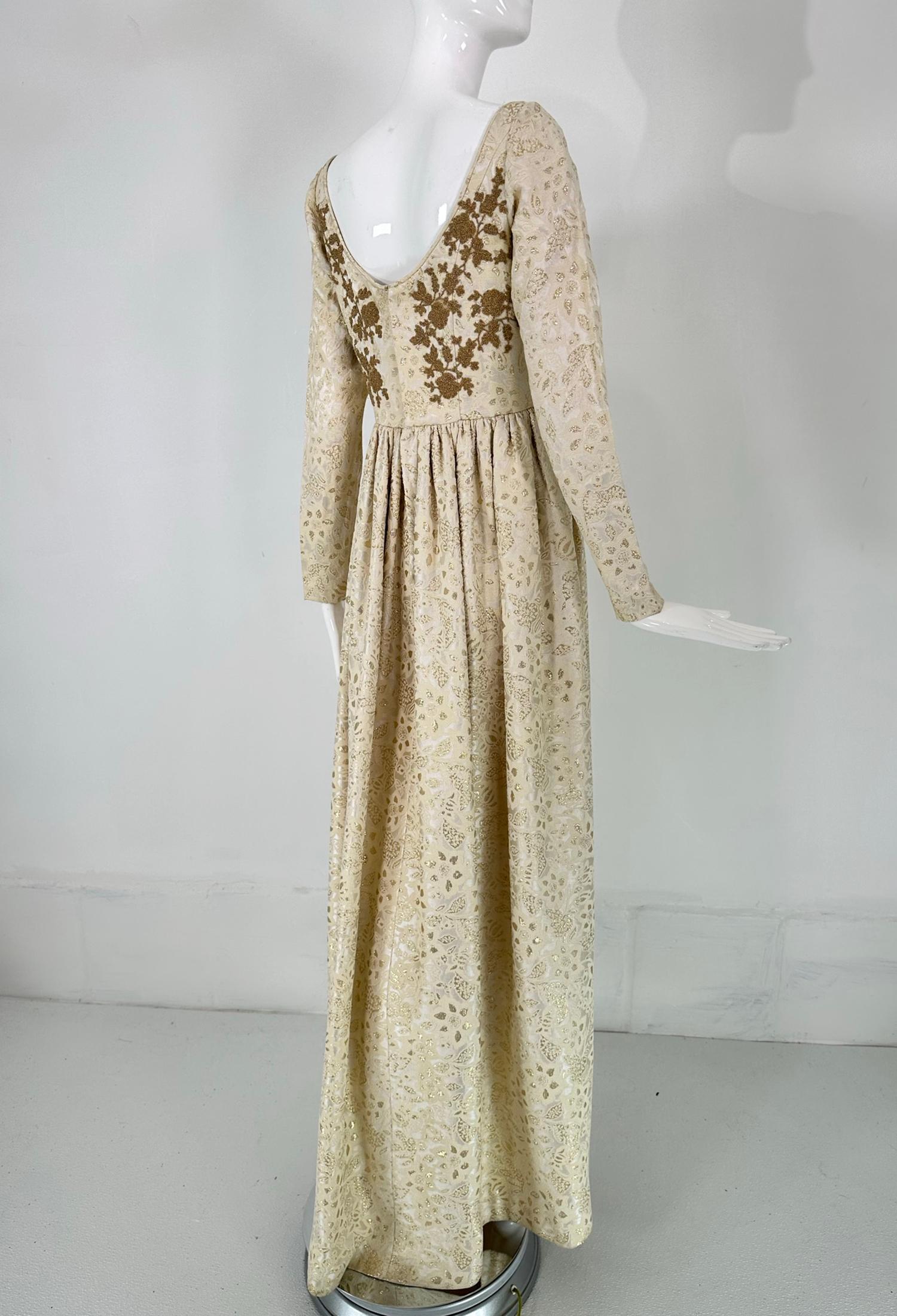 Galitizne Couture Renaissance Style Gown in Cream & Gold Metallic Brocade 1970s For Sale 2