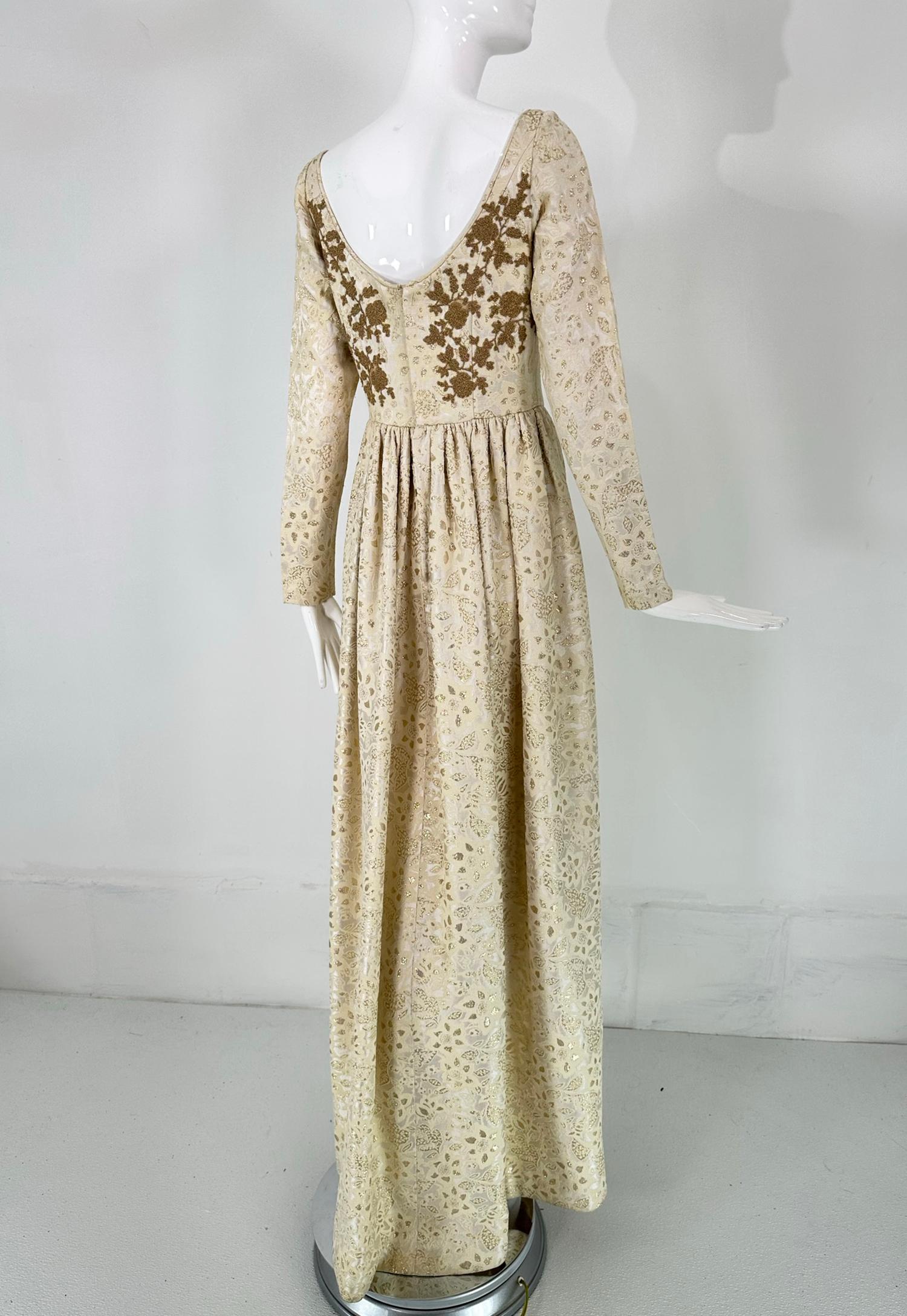 Galitizne Couture Renaissance Style Gown in Cream & Gold Metallic Brocade 1970s For Sale 3