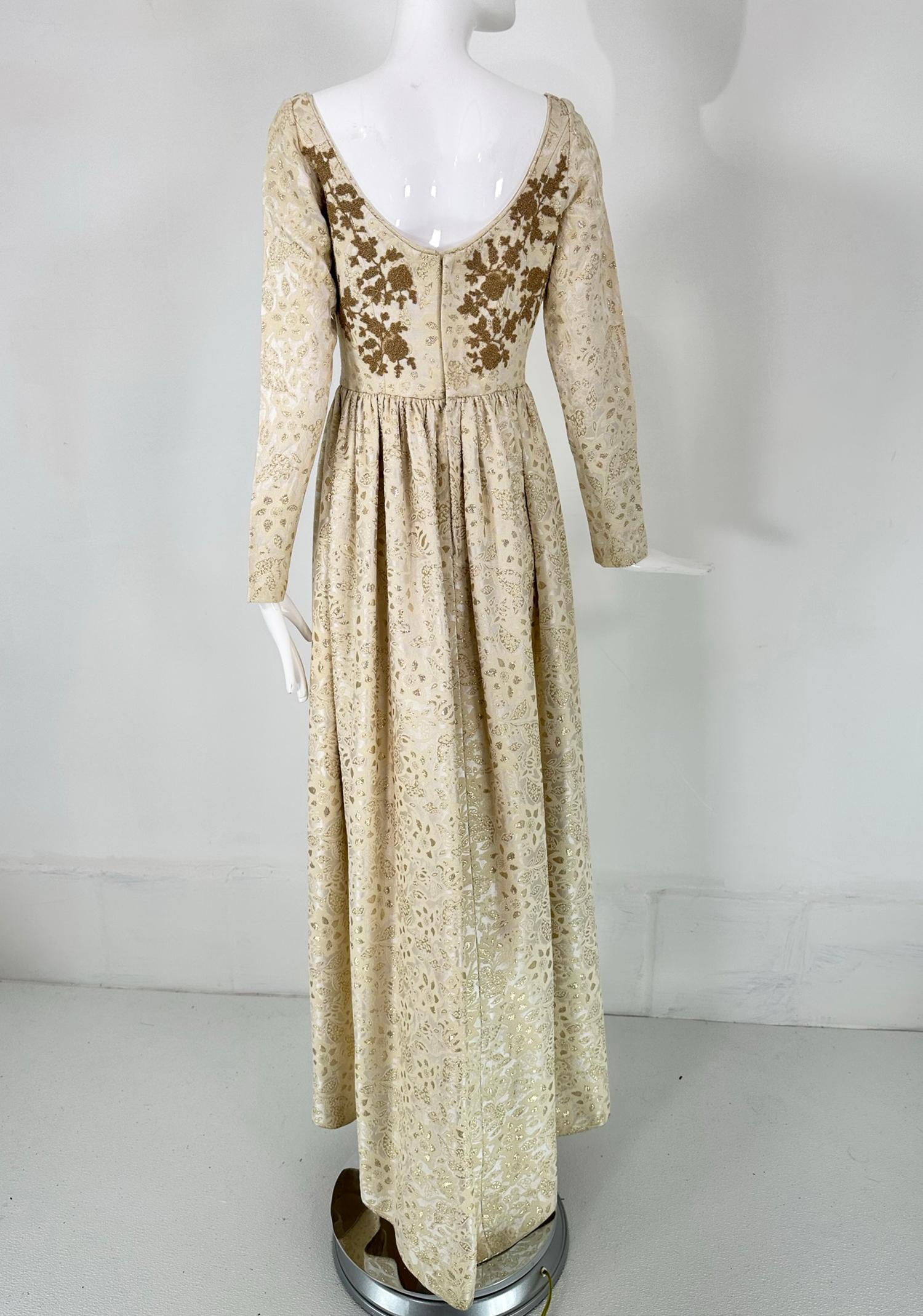 Galitizne Couture Renaissance Style Gown in Cream & Gold Metallic Brocade 1970s For Sale 4