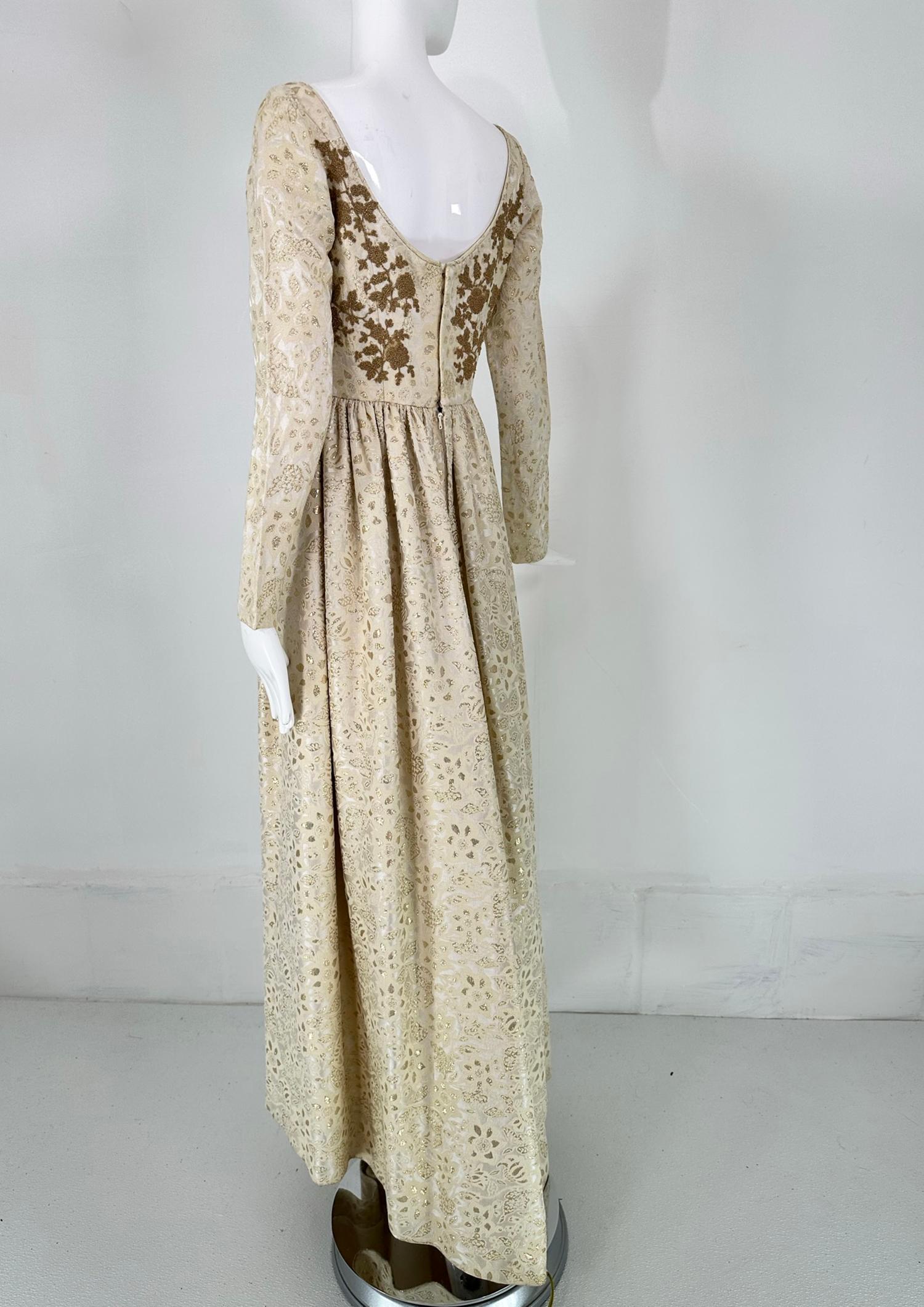 Galitizne Couture Renaissance Style Gown in Cream & Gold Metallic Brocade 1970s For Sale 5