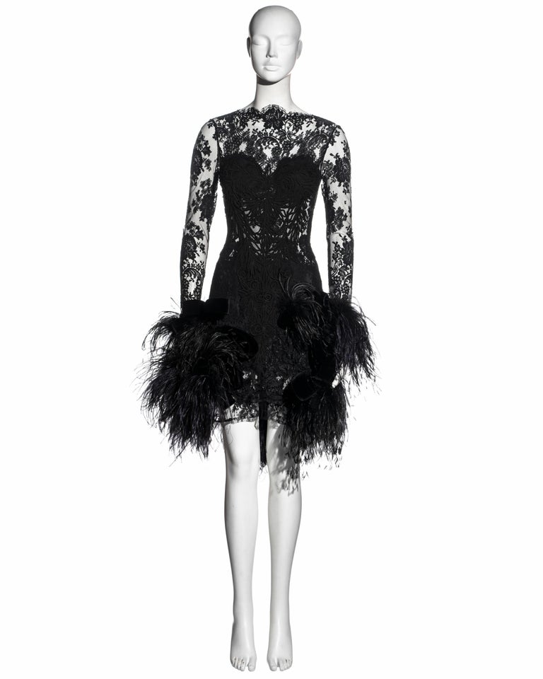 Black Galitzine Couture black lace and ostrich feather evening dress, c. 1980 For Sale
