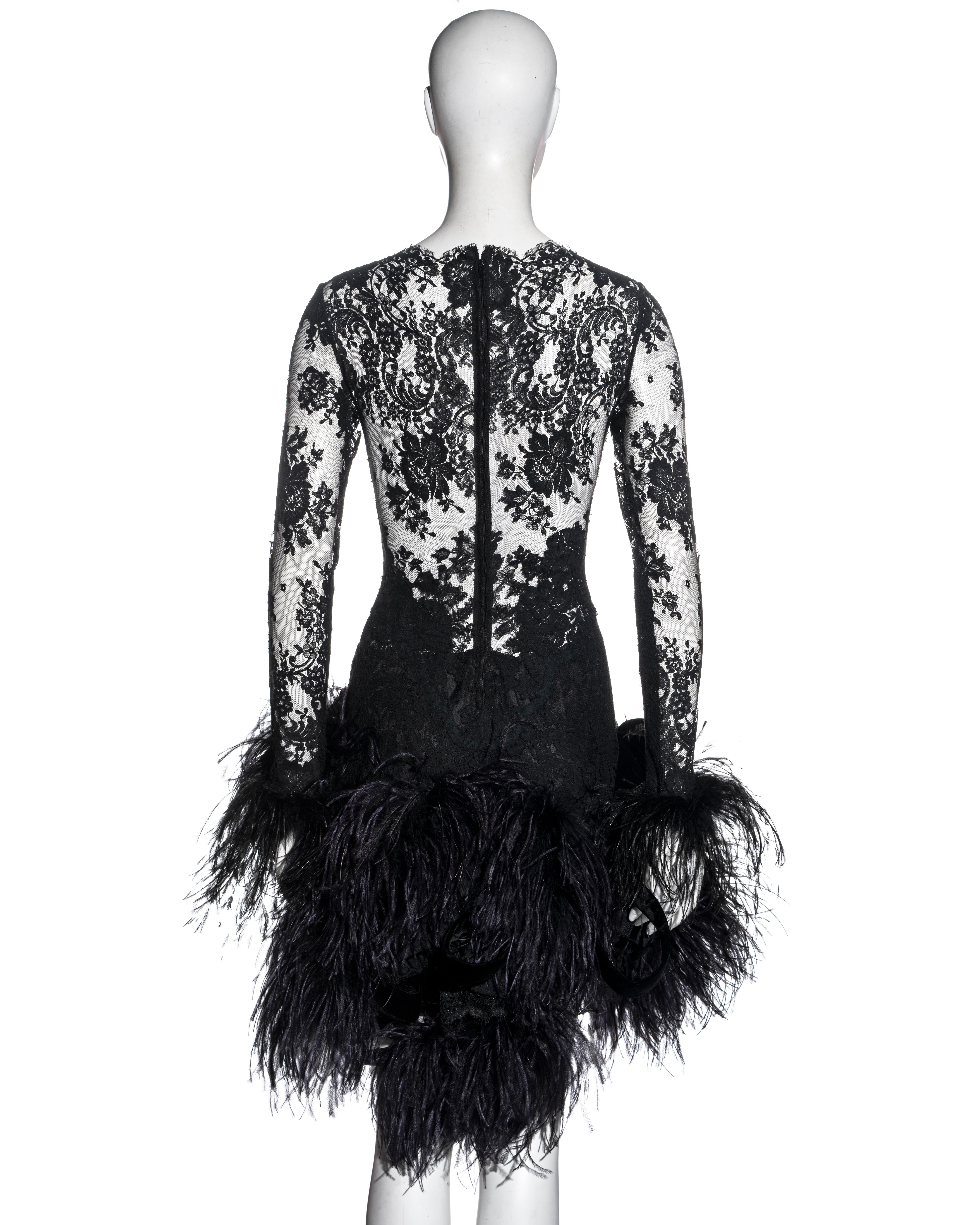 Women's Galitzine Couture black lace and ostrich feather evening dress, c. 1980 For Sale