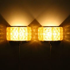 Gallalampet, Pair of Sconces by Vitrika, 1970s, Brass & Golden Glass Wall Lamps