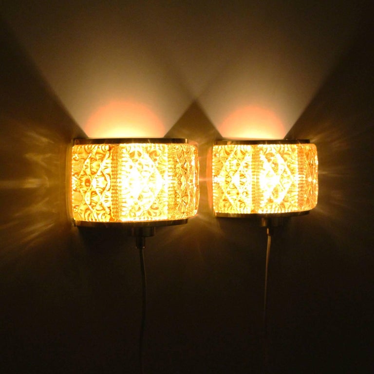 Danish Gallalampet, Pair of Sconces by Vitrika, 1970s, Brass & Golden Glass Wall Lamps For Sale