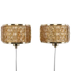 Gallalampet, Pair of Sconces by Vitrika, 1970s, Brass & Golden Glass Wall Lamps