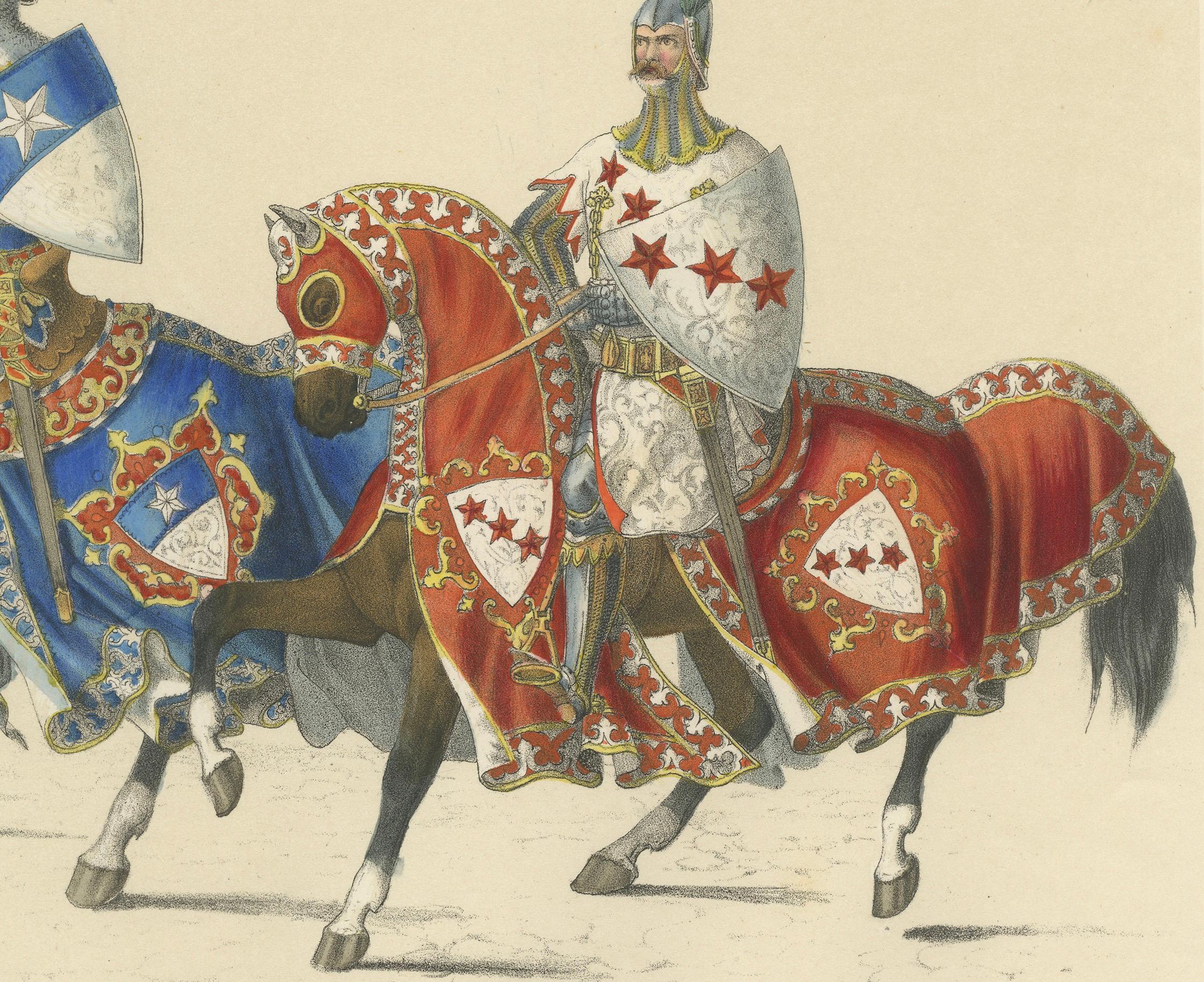 Les chevaliers de Blankenburg, Bubenberg et Mattern dans l'héraldique suisse  

Cette exquise lithographie coloriée à la main fait partie de l'Album des fêtes célébrant l'entrée de Berne dans la Confédération suisse le 6 mars 1353, un ouvrage
