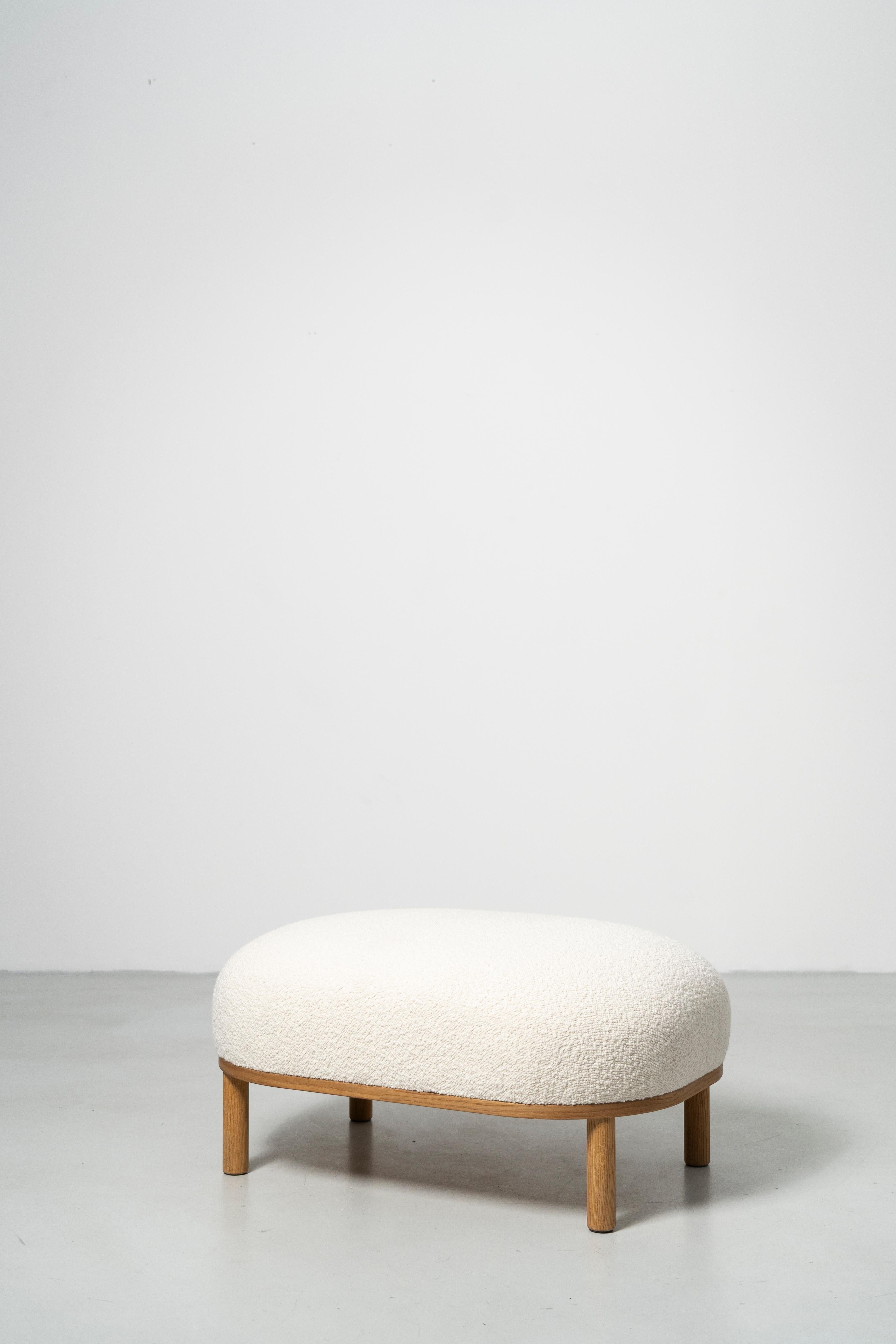 Scandinavian Modern Gallant Pouf - solid oak wood base with boucle upholstery For Sale