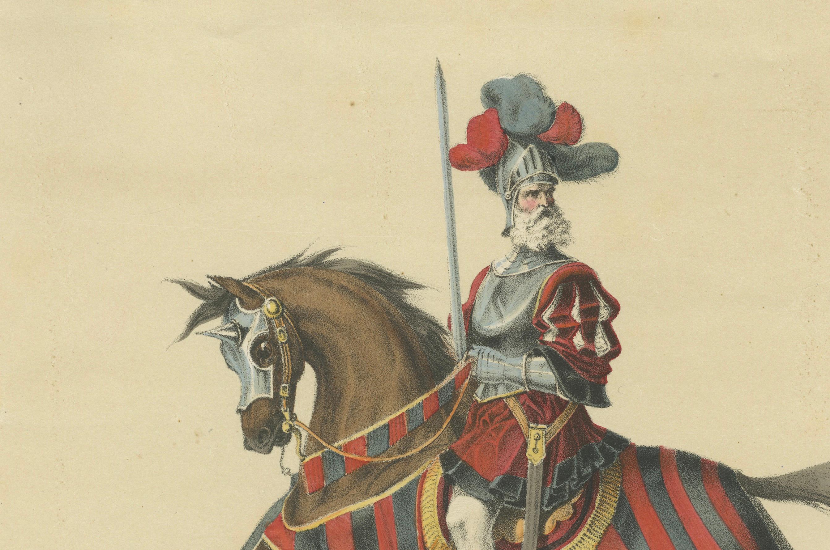 Gallant Rider in Festive Attire – A Striking Equestrian from Bern’s Historic Procession

This exquisite hand-colored lithograph is a part of the 'Fest Album Celebrating Bern’s Entry into the Swiss Confederation on March 6, 1353, Commemorated in 1853