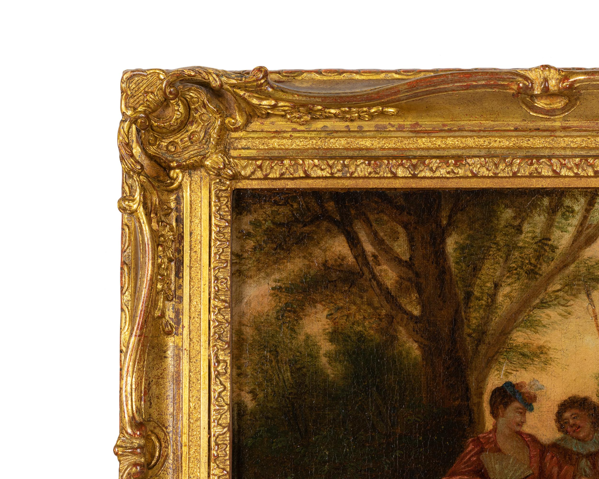 Ein Gemälde aus dem 18. Jahrhundert mit einer galanten Szene in einem Park. 
Mit Siegel des Malerateliers Philippe Mercier (1689 bis 1760) aus dem Umkreis des französischen Malers Nicolas Lancret, einem Anhänger der École des Antoine Watteau,