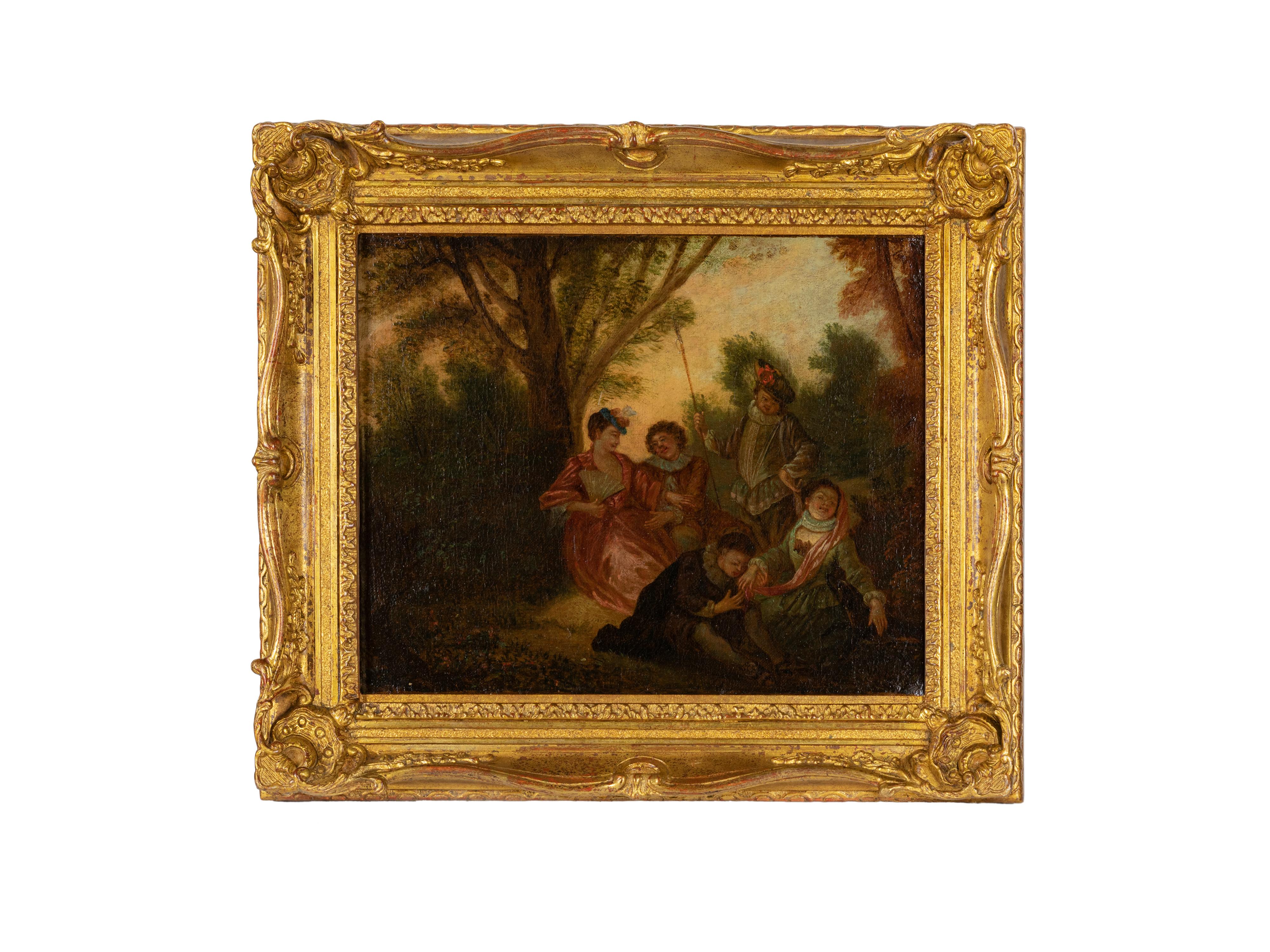 Cuadro del siglo XVIII que representa una escena galante en un parque. 
Atribuido con sello de taller de pintor a Philippe Mercier (1689 a 1760) del círculo del pintor francés 

Nicolas Lancret, seguidor de la Escuela de Antoine Watteau.

Óleo sobre