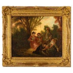 Gallant Scene Painting by Philippe Mercier, 18th Century, Ornate Gilt Frame