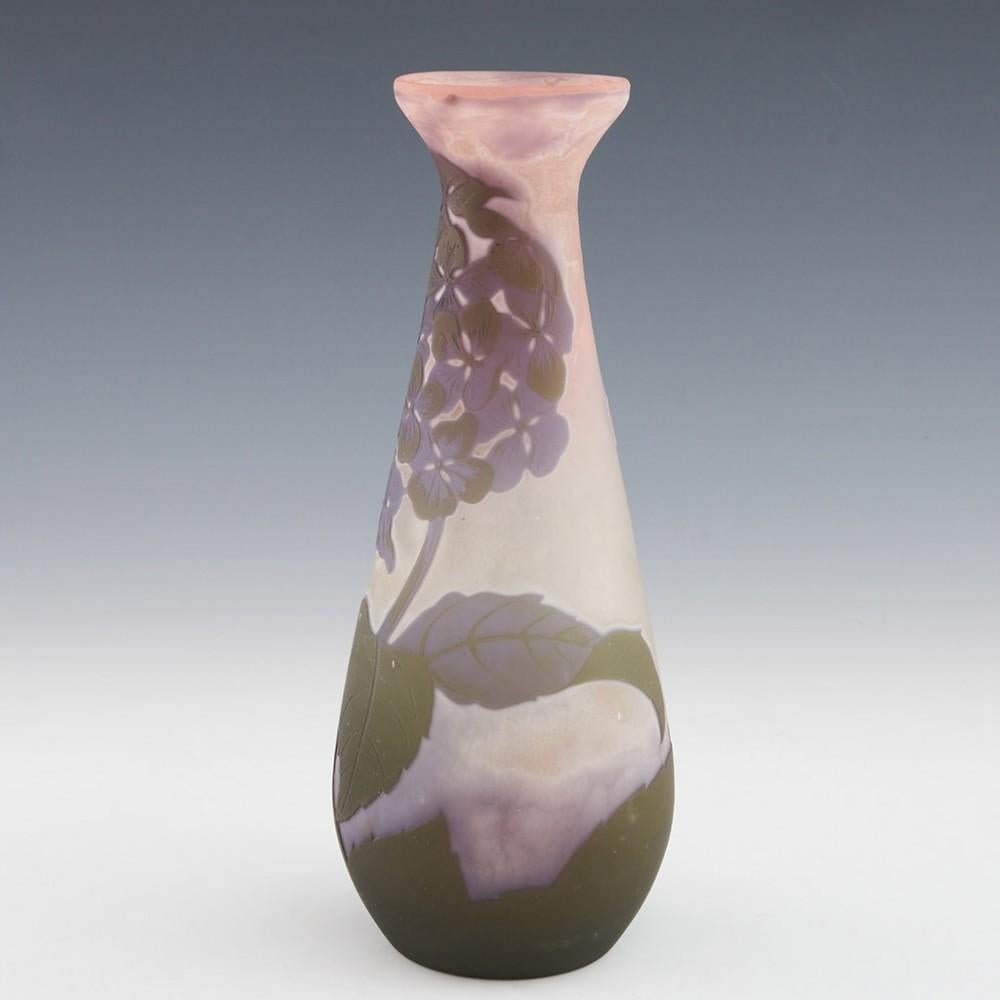 French Galle Acid Cameo Hydrangeas Baluster Shape Glass Vase c1910