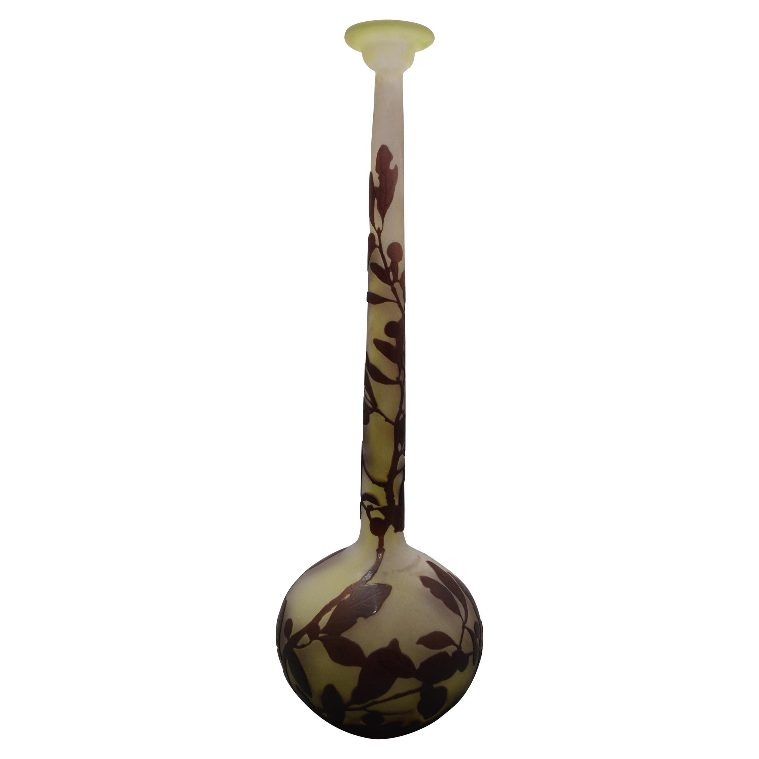 Gallè Art Nouveau Acid Etched Bay Tree French Vase For Sale