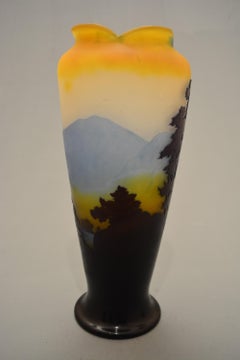 Gallè Art Nouveau Blue and Yellow Glass Vosgi Landscape French Balauster Vase