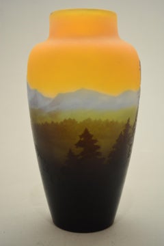 Gallè Art Nouveau Blue and Yellow Glass Vosgi Landscape French Vase