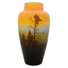 Gallè Art Nouveau Blue and Yellow Glass Vosgi Landscape French Vase