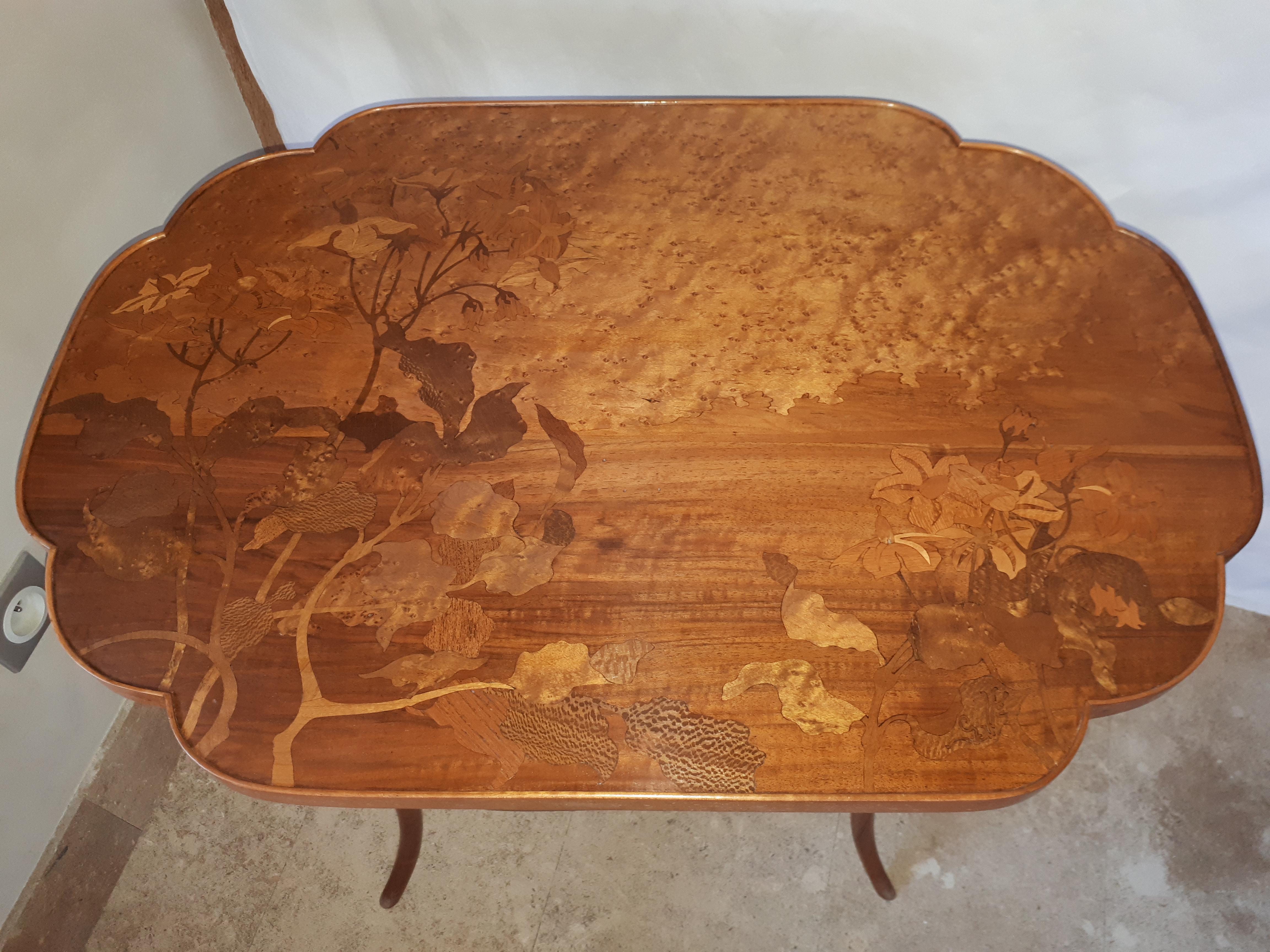 Walnut Gallé Art Nouveau Table With Hellebore Decor For Sale