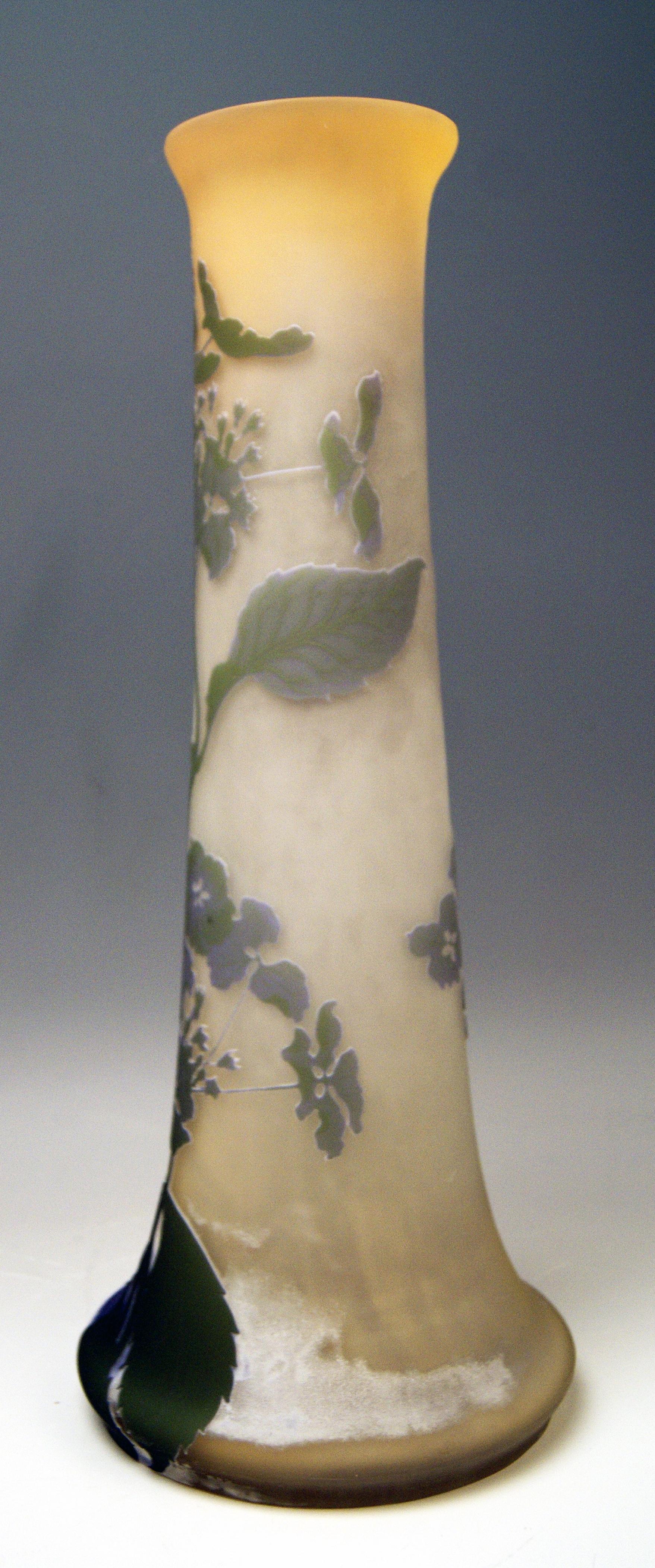 Art Nouveau Tall Stalky Vase by Gallé

Manufactory: 
Émile Gallé / France, Nancy, Lorraine
made circa 1904-1906

Technique of manufacture: Cameo glass and etched
(built up with different layers and cut back with acid to reveal beautiful