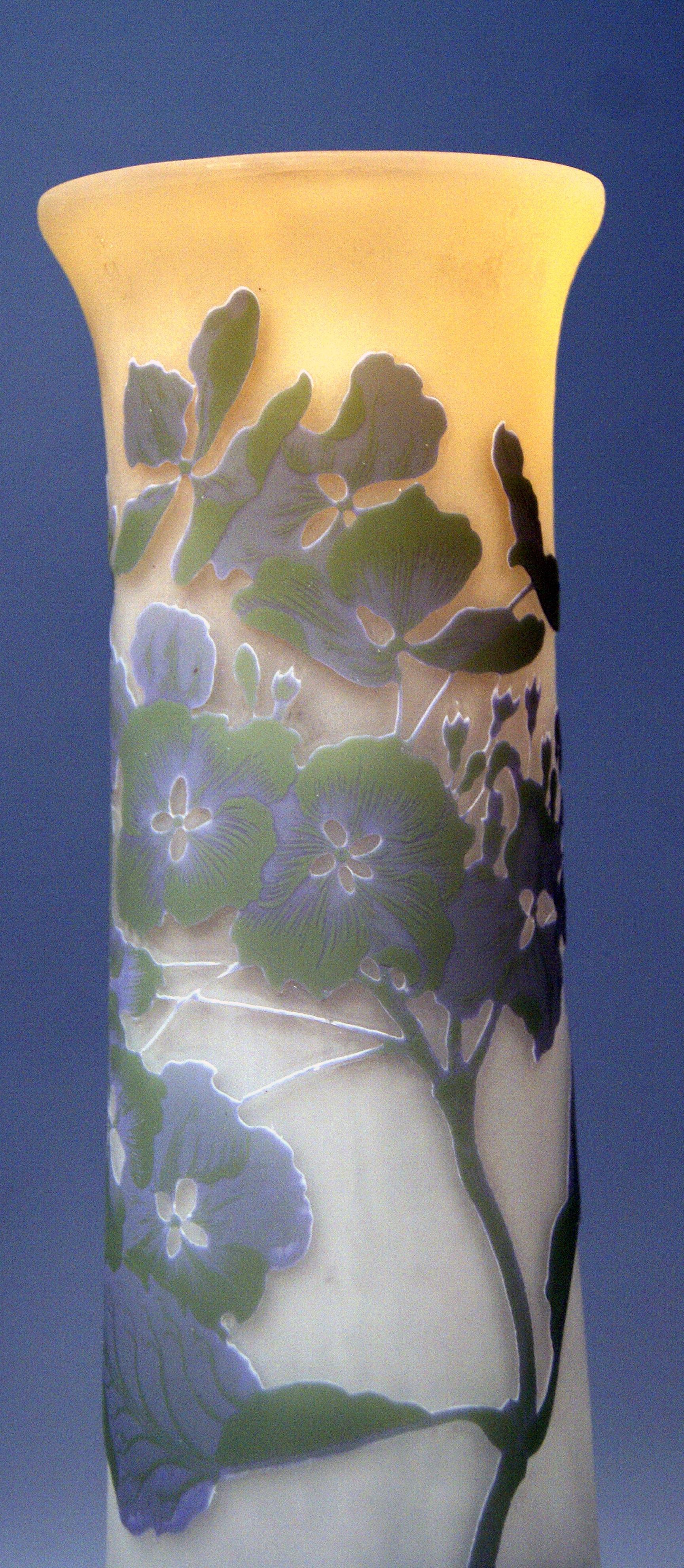 Etched Gallé Art Nouveau Vase Galle Mallows Flowers France Nancy Height 18.30in c.1904