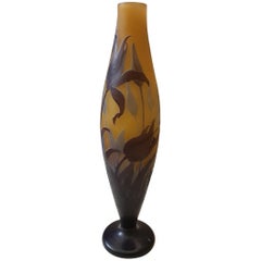 Gallé Art Nouveau Yellow Violet Flower Multilayer Glass, 1925s